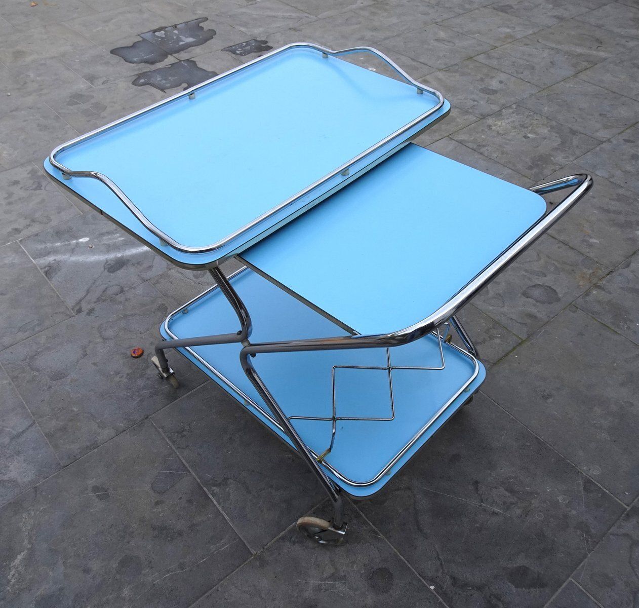 Bleu Formica And Chrome Plated Trolley With Removable Serving Tray From Torck, 1950s photo 521.0