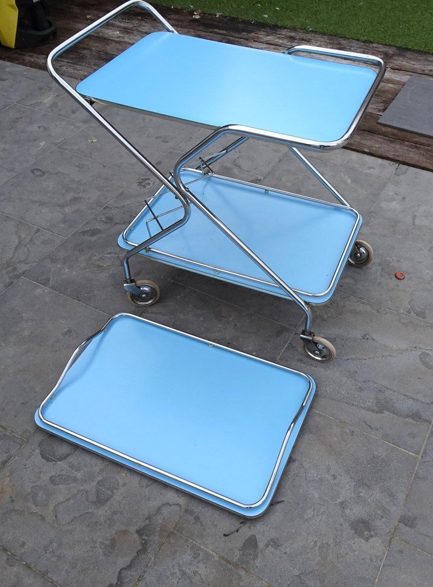 Bleu Formica And Chrome Plated Trolley With Removable Serving Tray From Torck, 1950s photo vintage