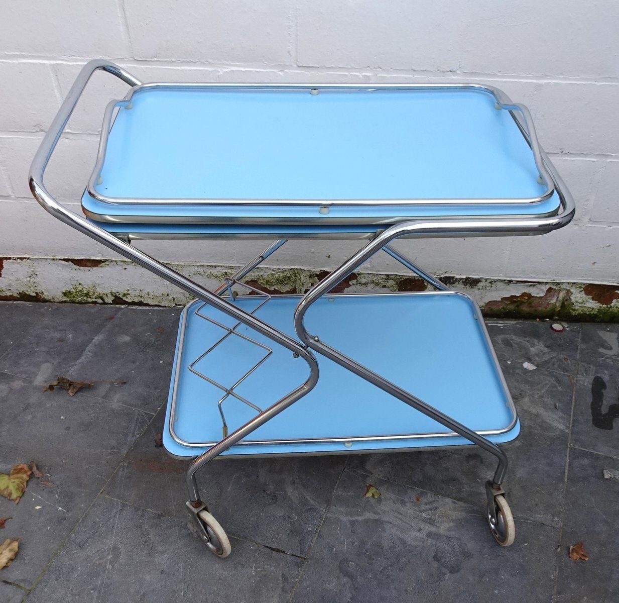 Furniture Bleu Formica And Chrome Plated Trolley With Removable Serving Tray From Torck, 1950s photo