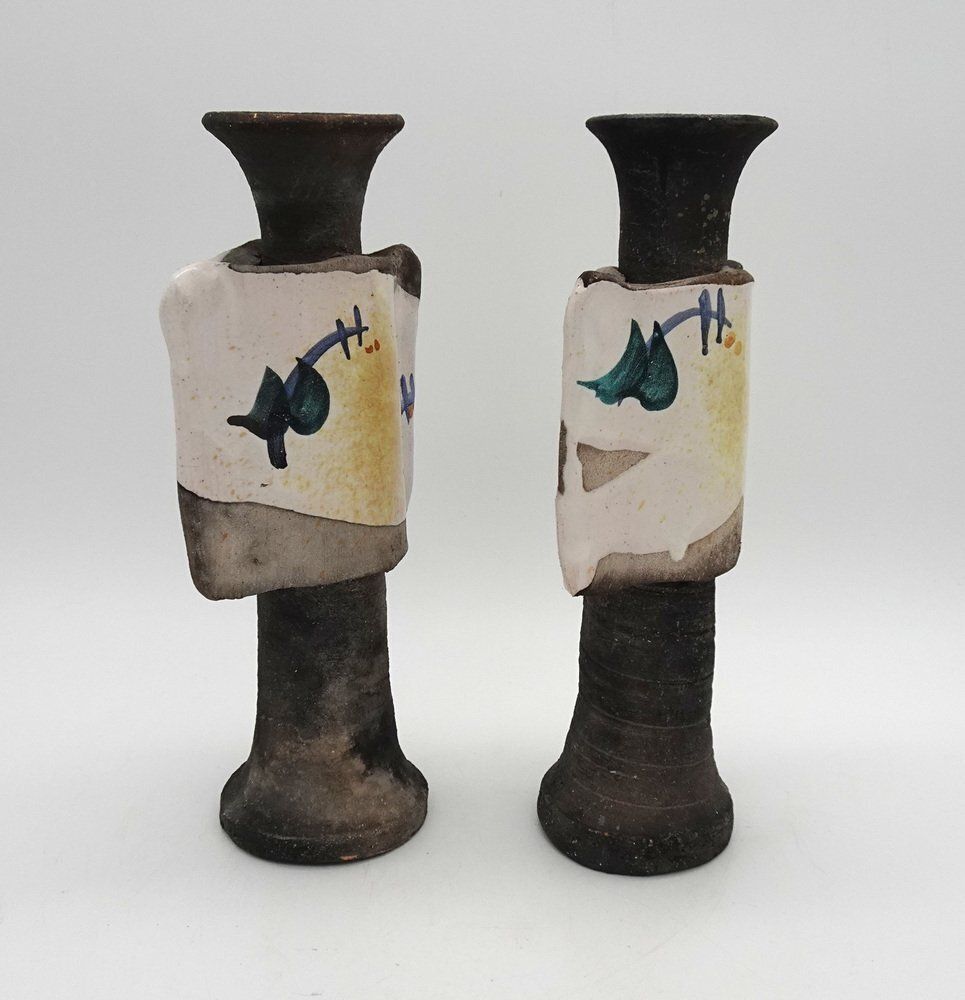 Mid Century Brutalist Ceramic Vases Or Candleholders, 1980s, Set Of 2 photo for sale