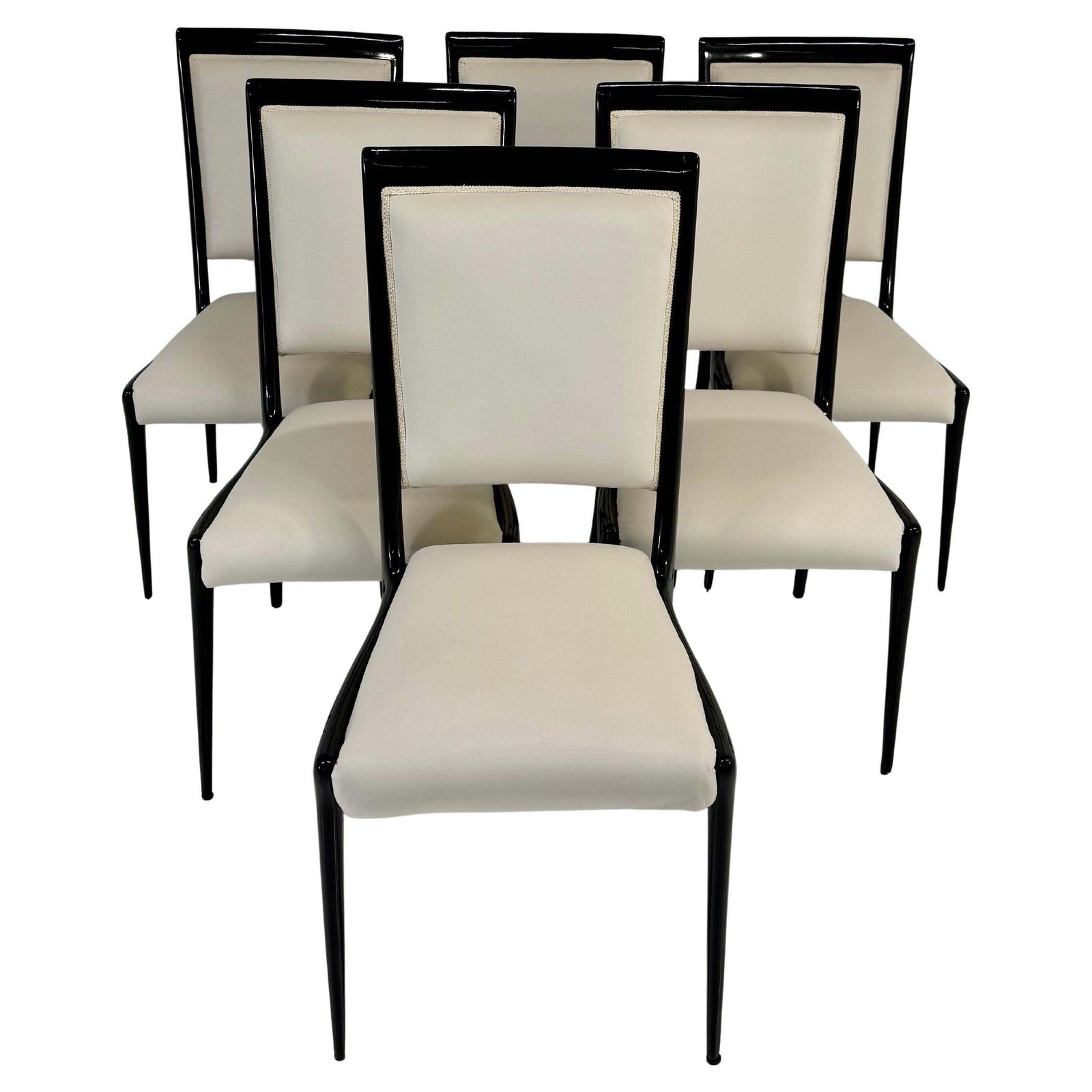 Set Of 6 Italian Chairs, 1950s, Black Lacquered And Cream Velvet, Attr. V. Dassi