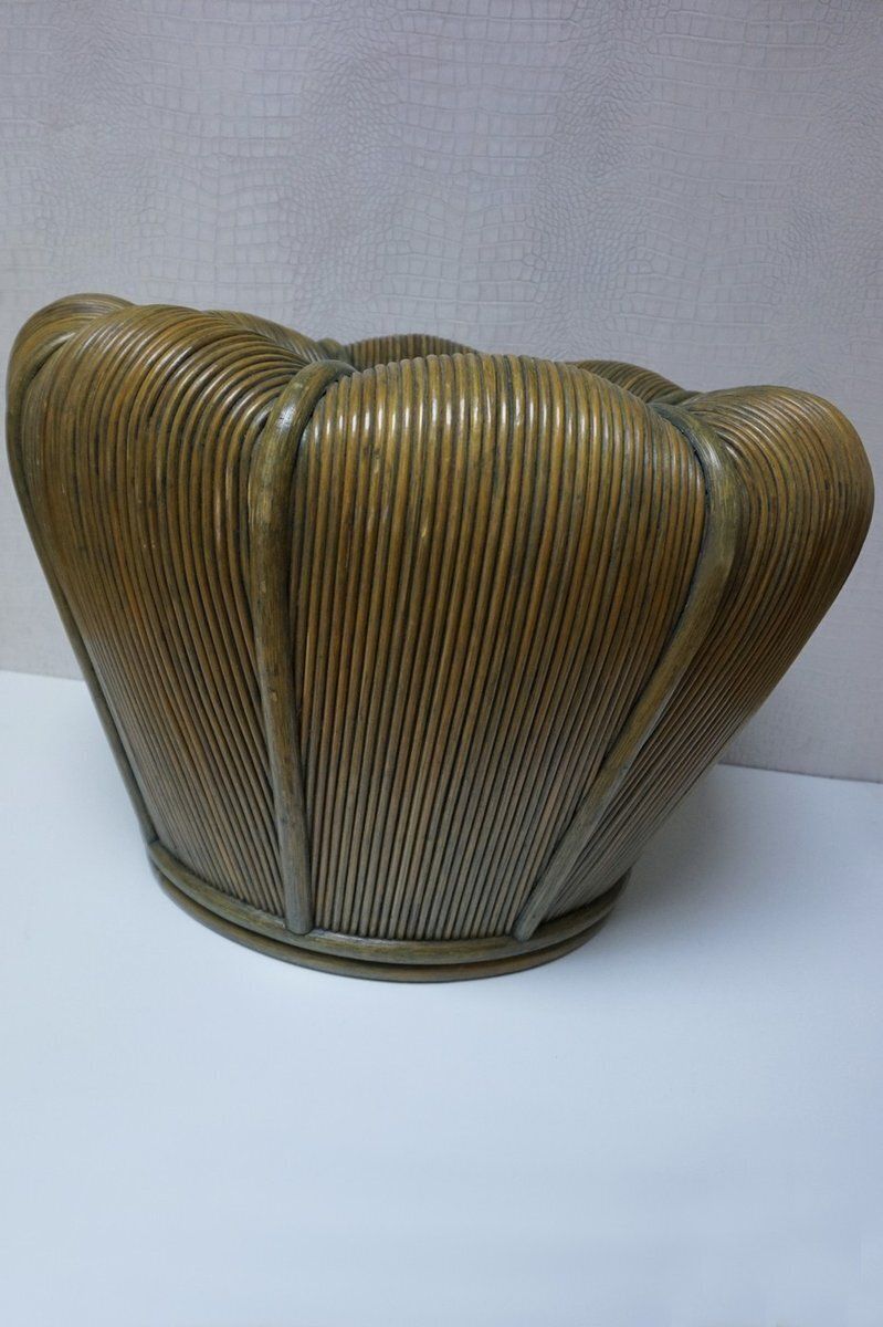 Large Mid Century Modern Rattan Bamboo Cachepot Plant Holder 1970s photo for sale