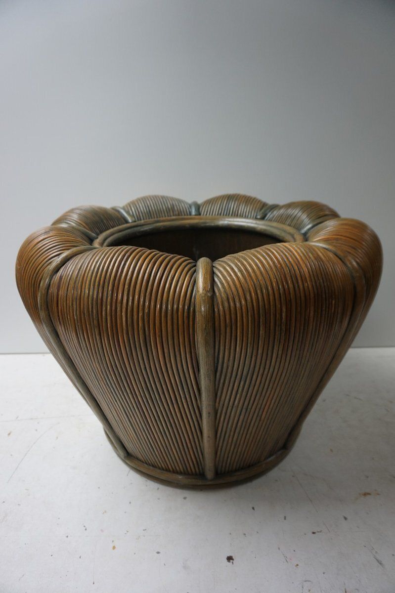 Large Mid Century Modern Rattan Bamboo Cachepot Plant Holder 1970s photo Home Decor