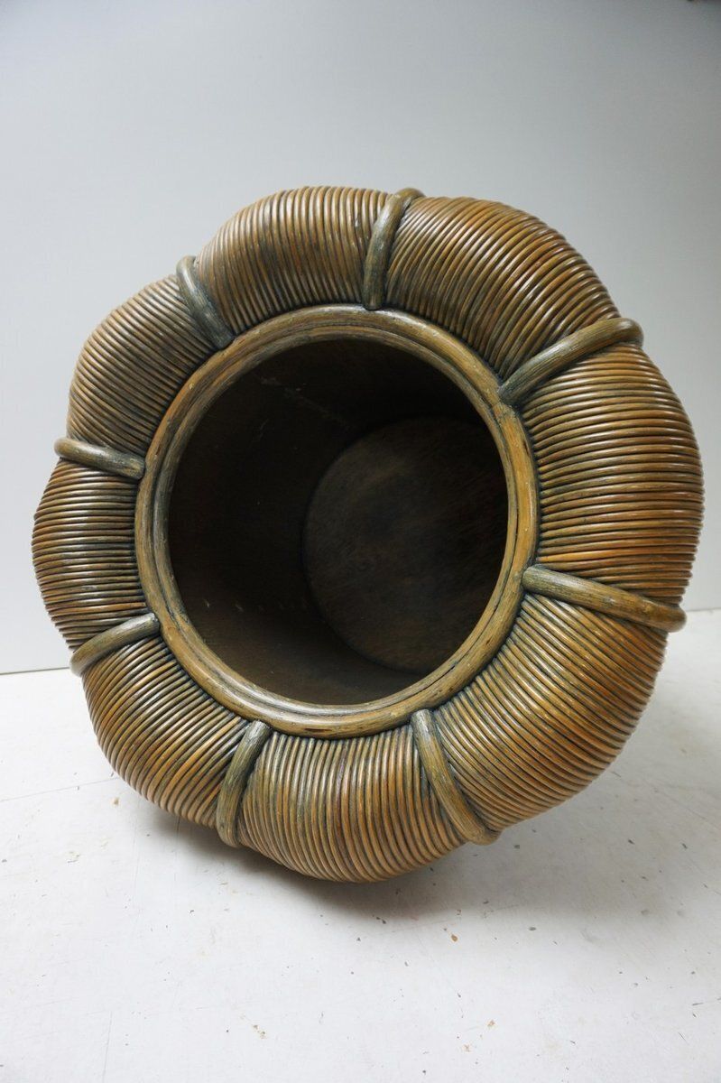 Large Mid Century Modern Rattan Bamboo Cachepot Plant Holder 1970s photo buy