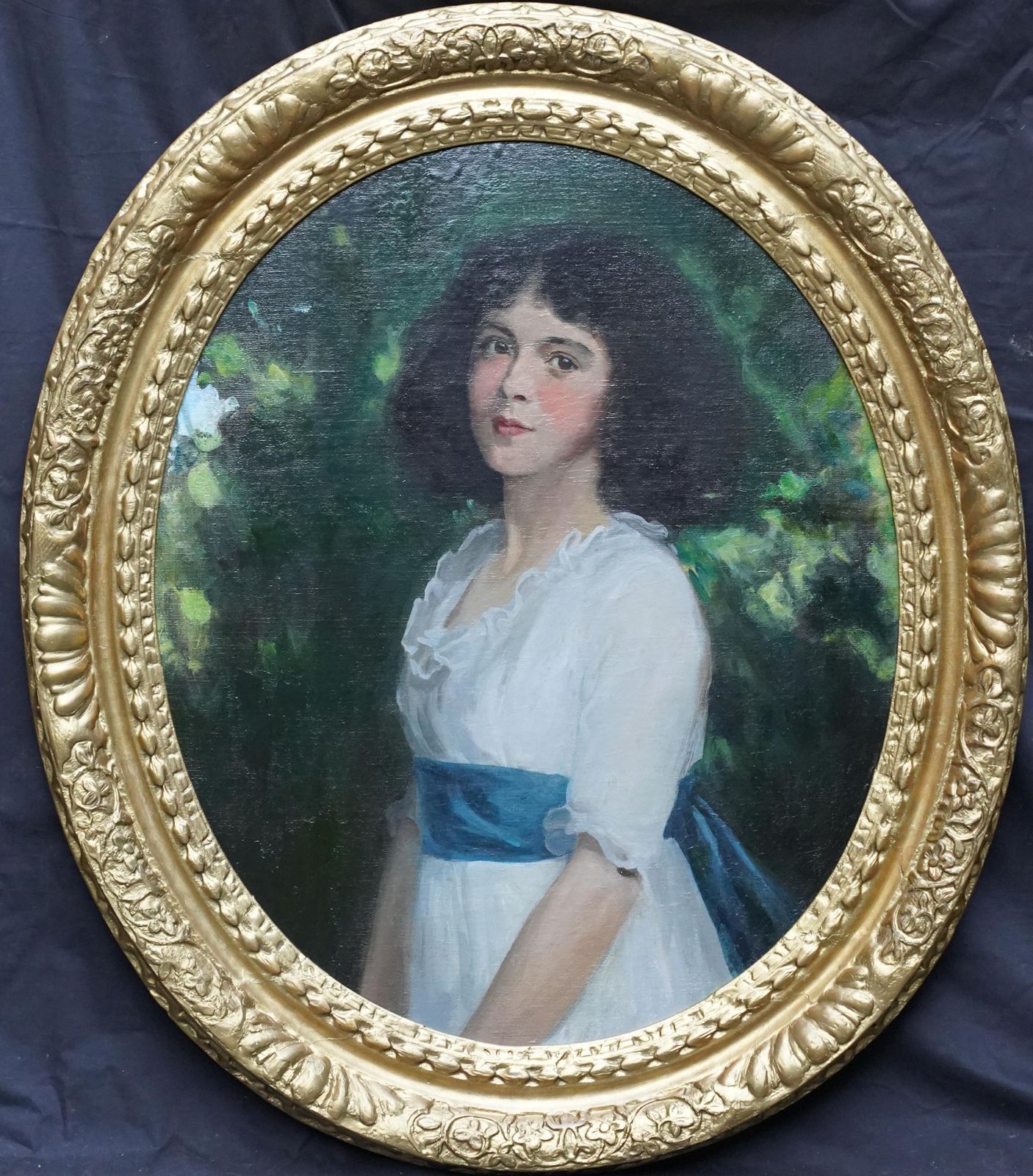 Art George Harcourtoval Portrait Of Girl With Blue Sash   Scottish Edwardian Art Oil Paintingcirca 1910 photo