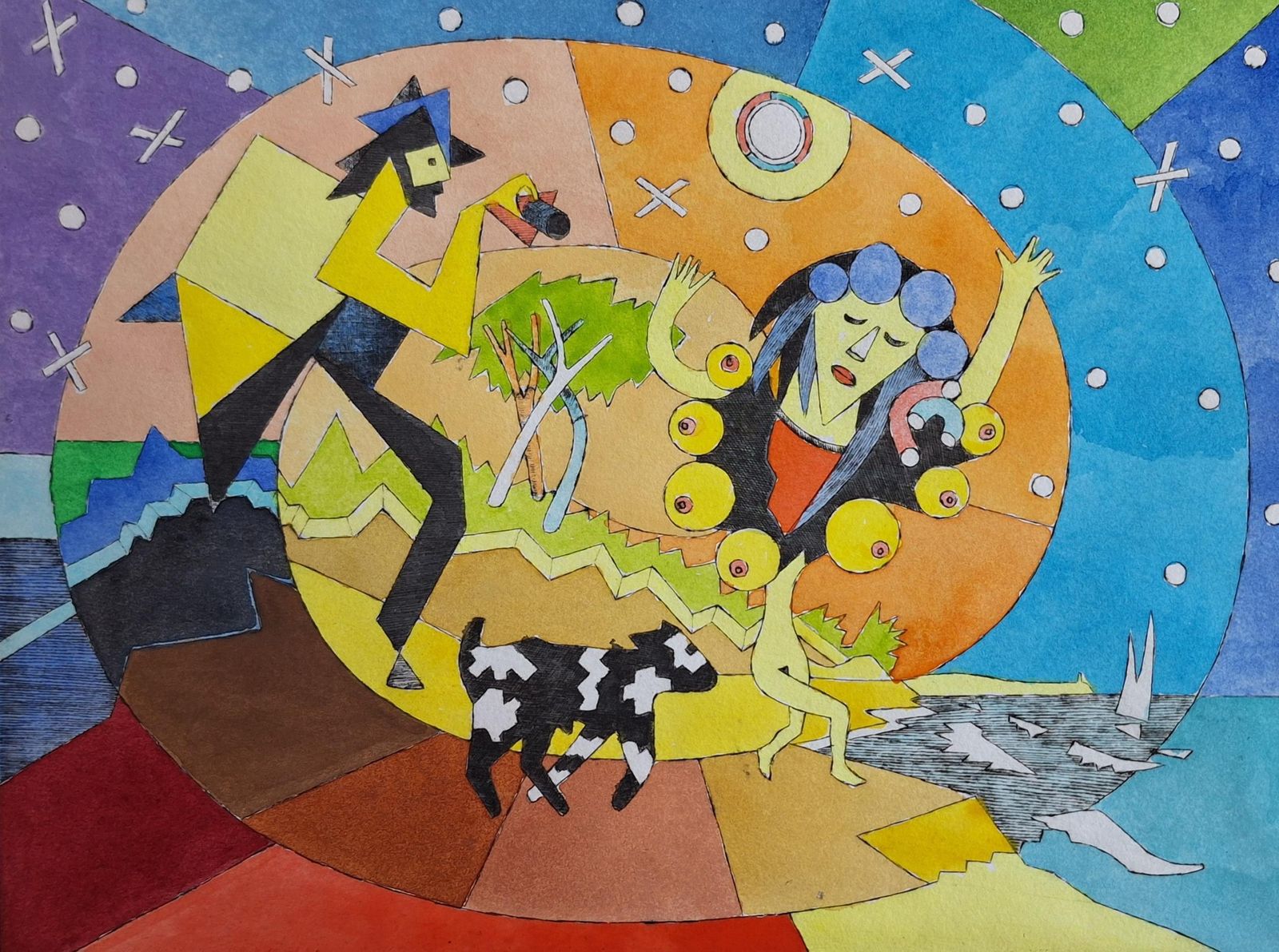 Czeslaw Tumielewicza Walk With Bożena Wahl 1987   Figurative Drypoint Print, Colorful, Polish Art2023