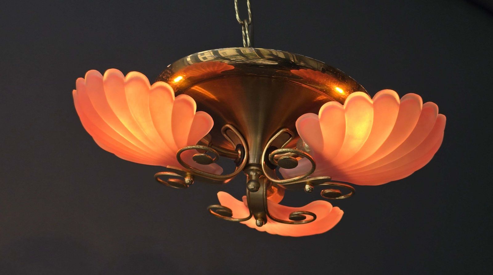 Rare Italian Mid Century Ceiling Light With Pink Shell Glass Shades And Gilt photo 1564.0