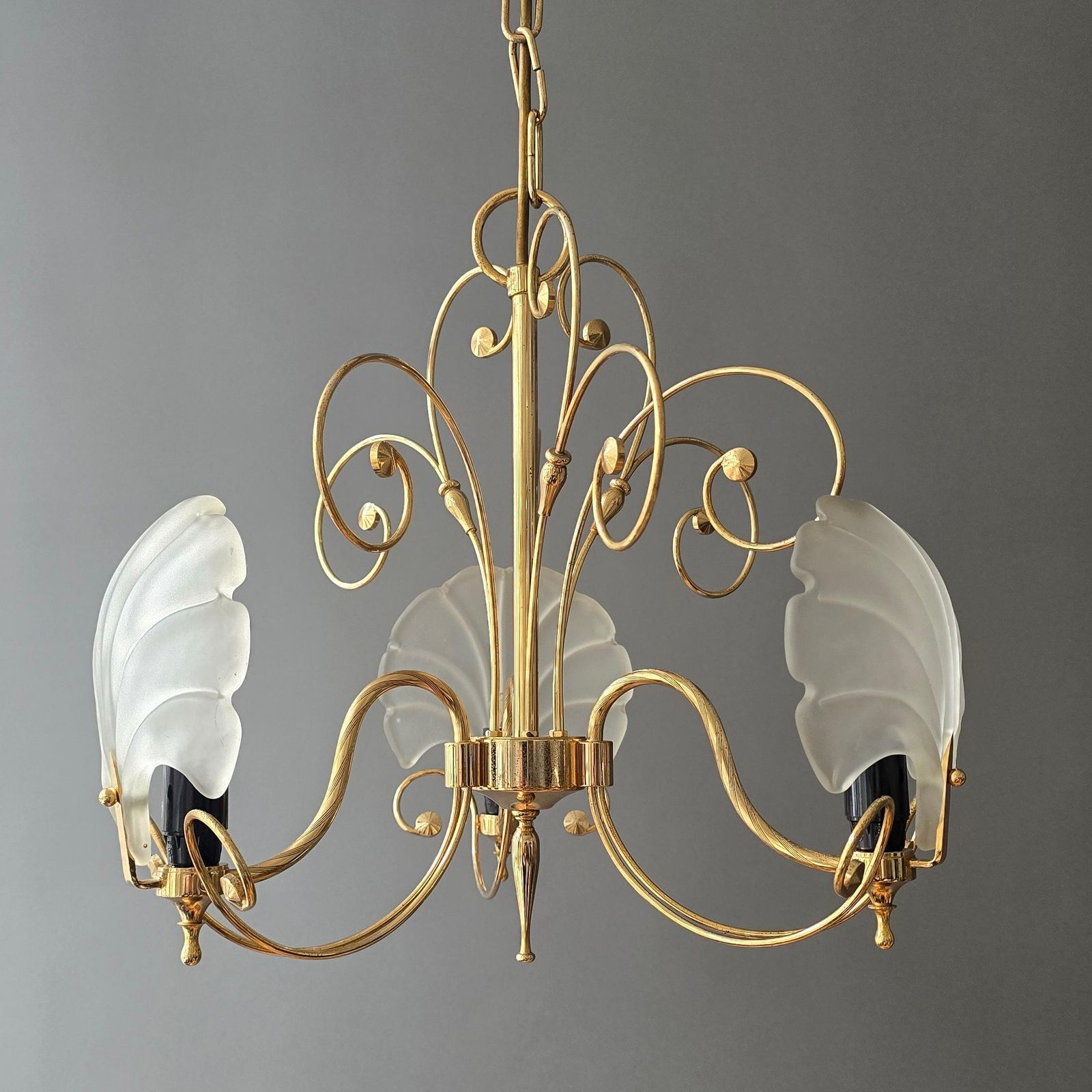 Italian Gold Tone Chandelier With Frosted Shell Glass Shades, 1970s photo 1803.0