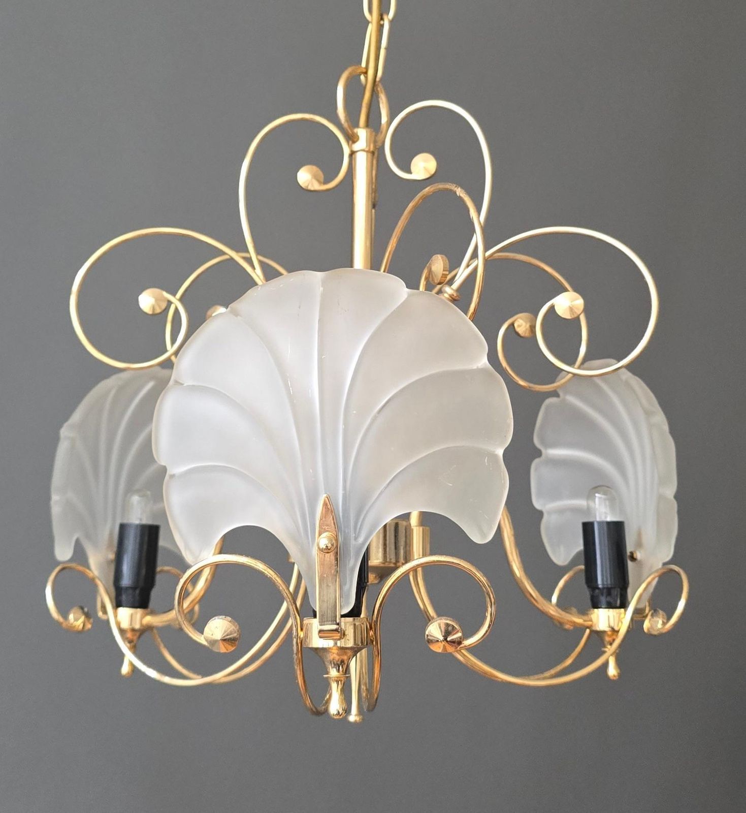 Italian Gold Tone Chandelier With Frosted Shell Glass Shades, 1970s photo vinterior