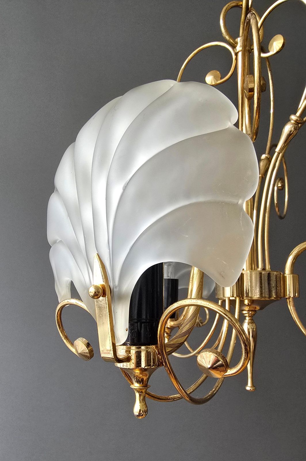 Italian Gold Tone Chandelier With Frosted Shell Glass Shades, 1970s photo buy