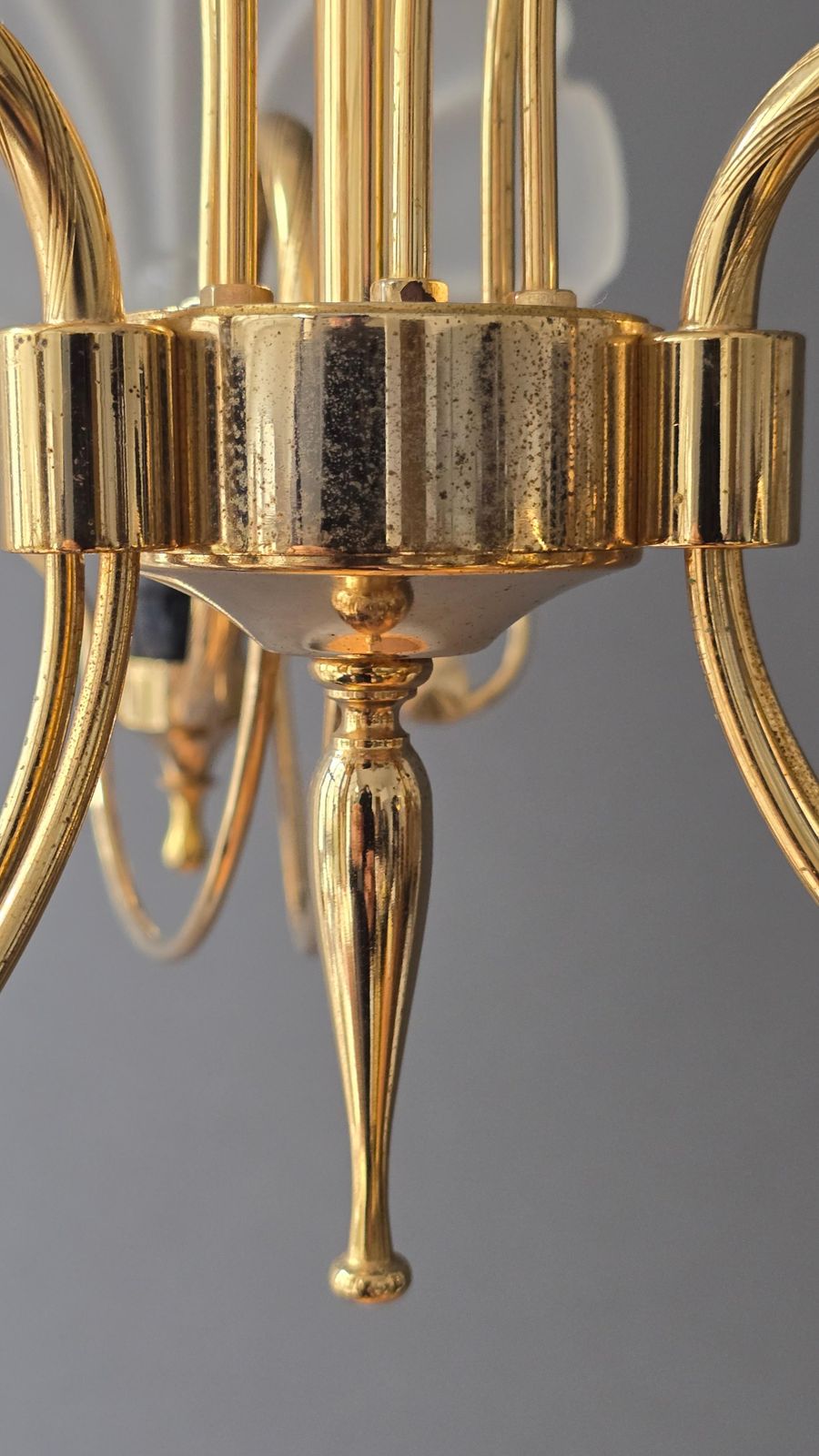 photo for sale Italian Gold Tone Chandelier With Frosted Shell Glass Shades, 1970s