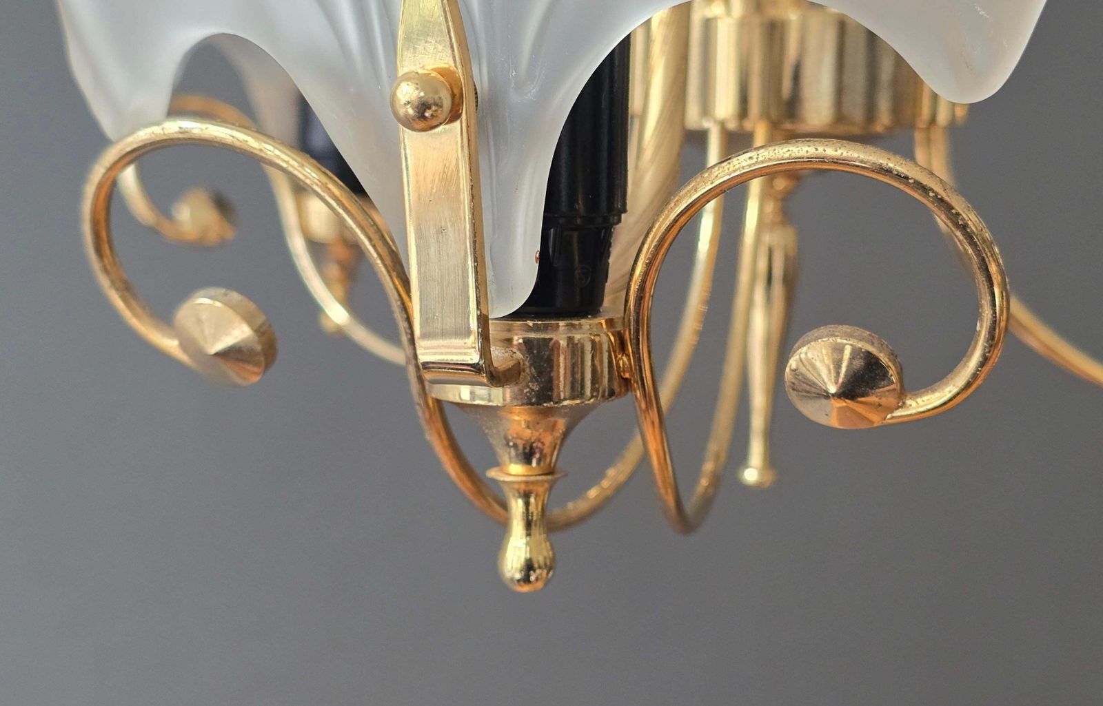 1803.0 Italian Gold Tone Chandelier With Frosted Shell Glass Shades, 1970s photo