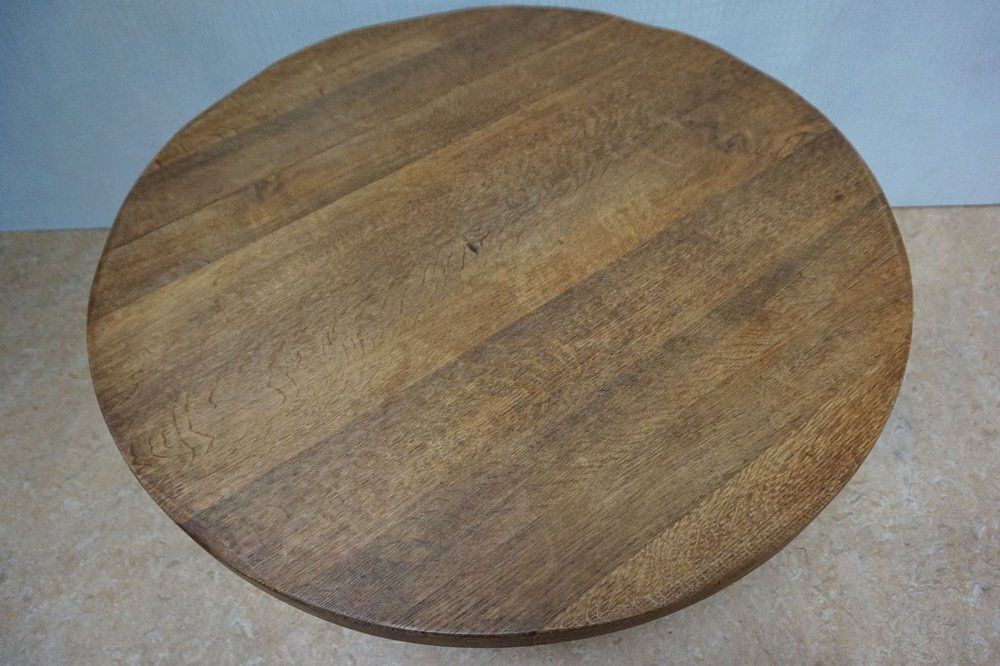 Brutalist Wabi Sabi Handcrafted Round Oak Coffee Table 1960s photo vinterior