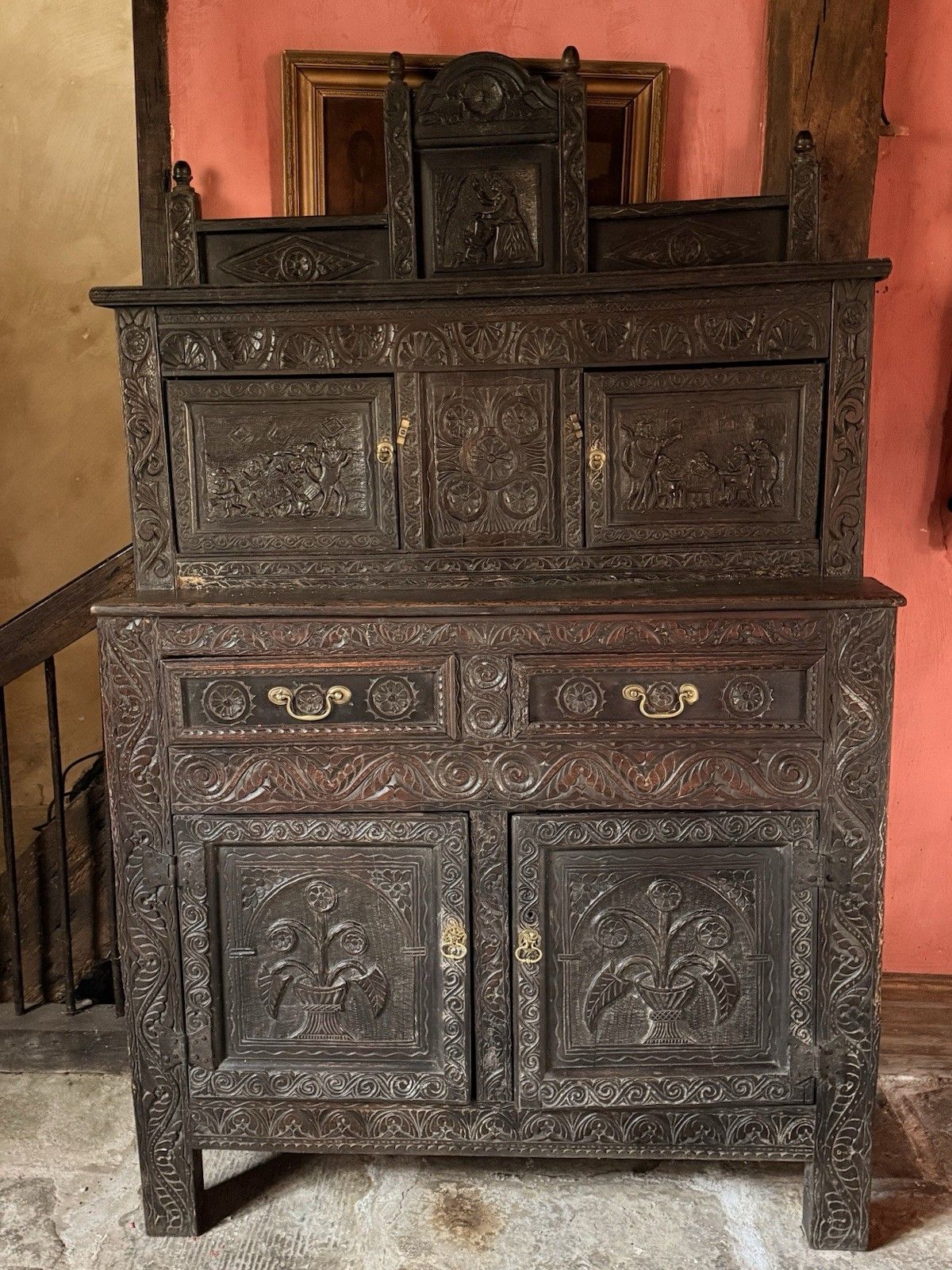 Rare Jacobean Antique Oak Hand Carved Folk Art Cabinet Buffet Cupboard 1600's photo furniture