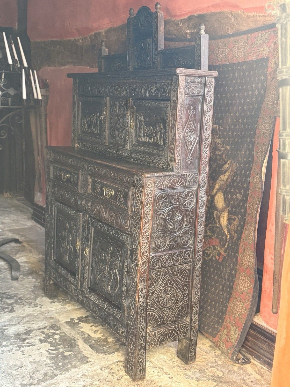 Rare Jacobean Antique Oak Hand Carved Folk Art Cabinet Buffet Cupboard 1600's photo buy