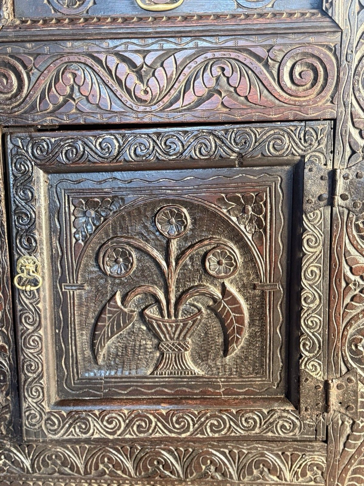 Furniture Rare Jacobean Antique Oak Hand Carved Folk Art Cabinet Buffet Cupboard 1600's photo