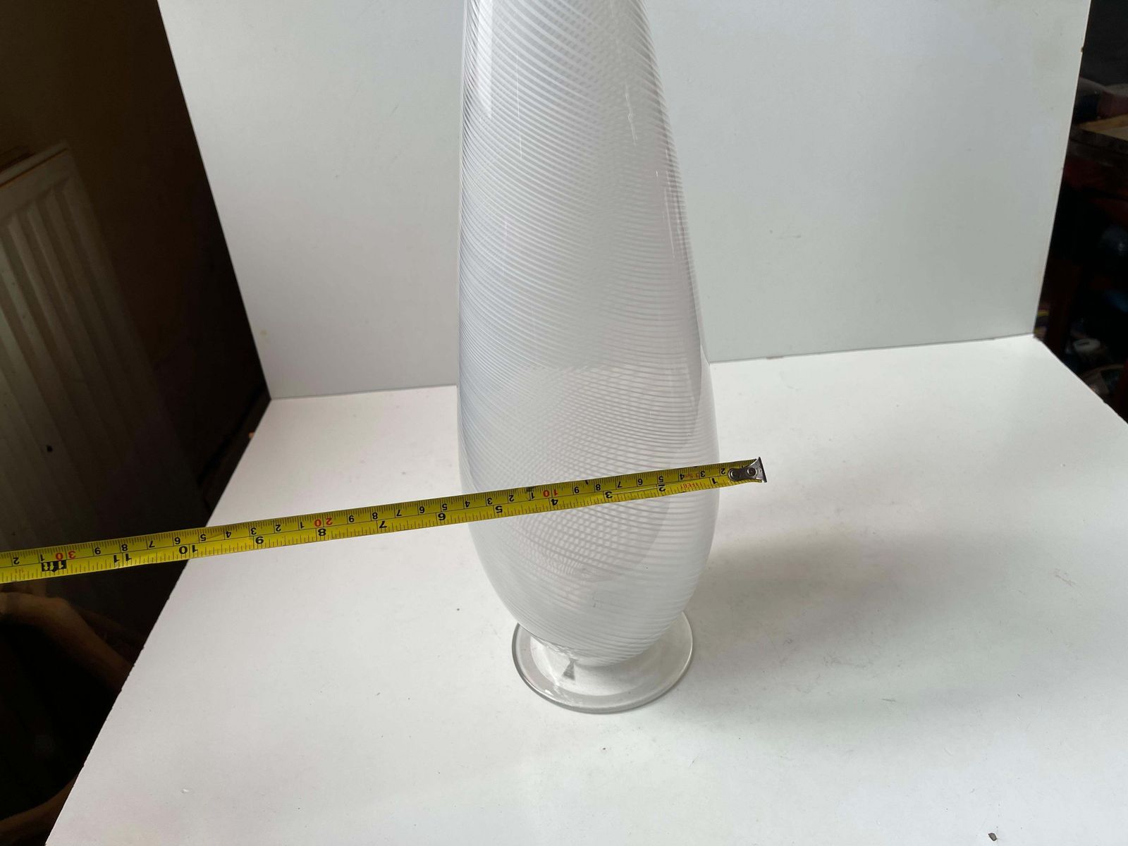 photo for sale Tall & Lean White Swirl Art Glass Vase In The Style Of Dino Martens