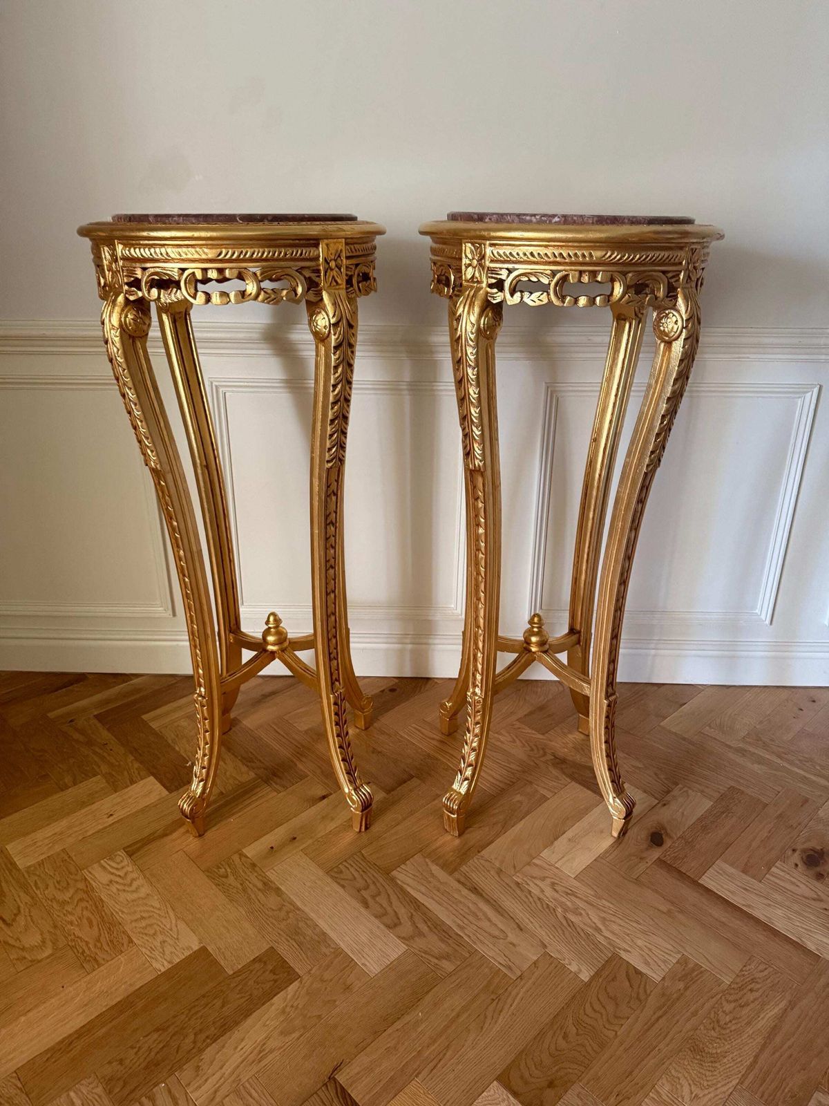 Pair Louis XVI French Tall Jardinières Plant Statue Stand Gilt Red Marble (H: 111 Cm) photo for sale