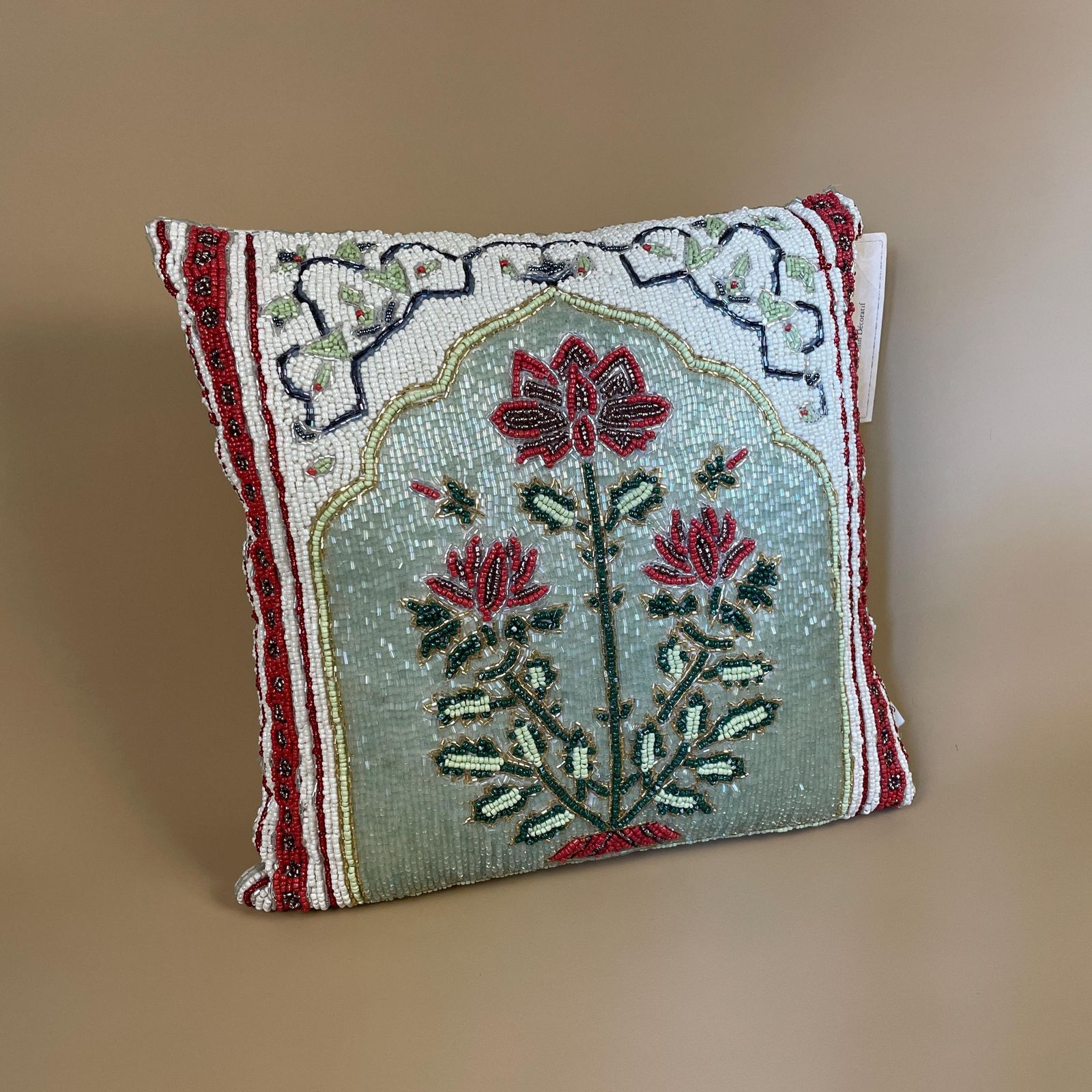 New Beaded Cushion Scatter Pillow Square 35x35 Artistic Accents Stuffed Accent Pattern Bolster Throw Decorative Floral Design White photo furniture