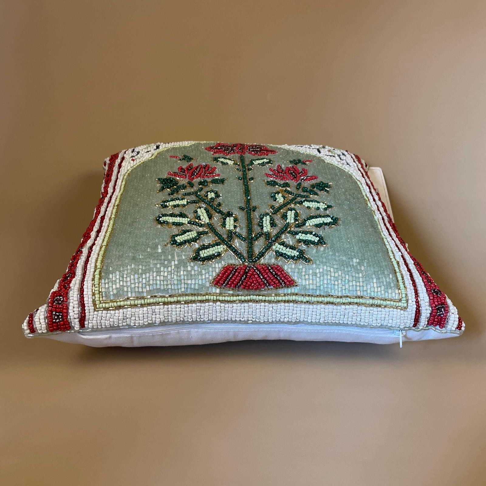 photo furniture New Beaded Cushion Scatter Pillow Square 35x35 Artistic Accents Stuffed Accent Pattern Bolster Throw Decorative Floral Design White