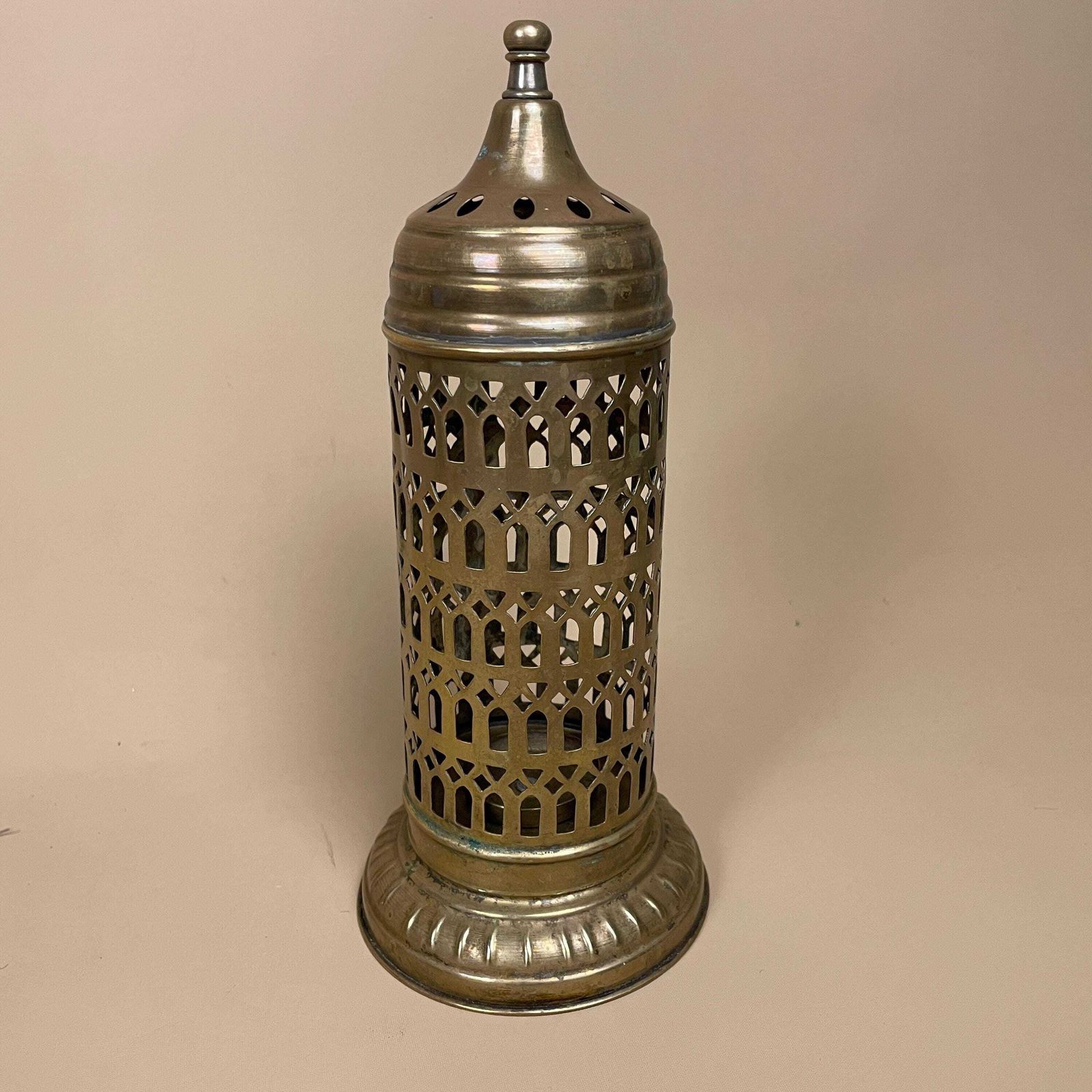 Antique Indian Gold Brass Candle Holder Ornate Vintage Lantern Metal Tea Light India Candlestick Pattern Traditional Traditional Cylinder photo for sale