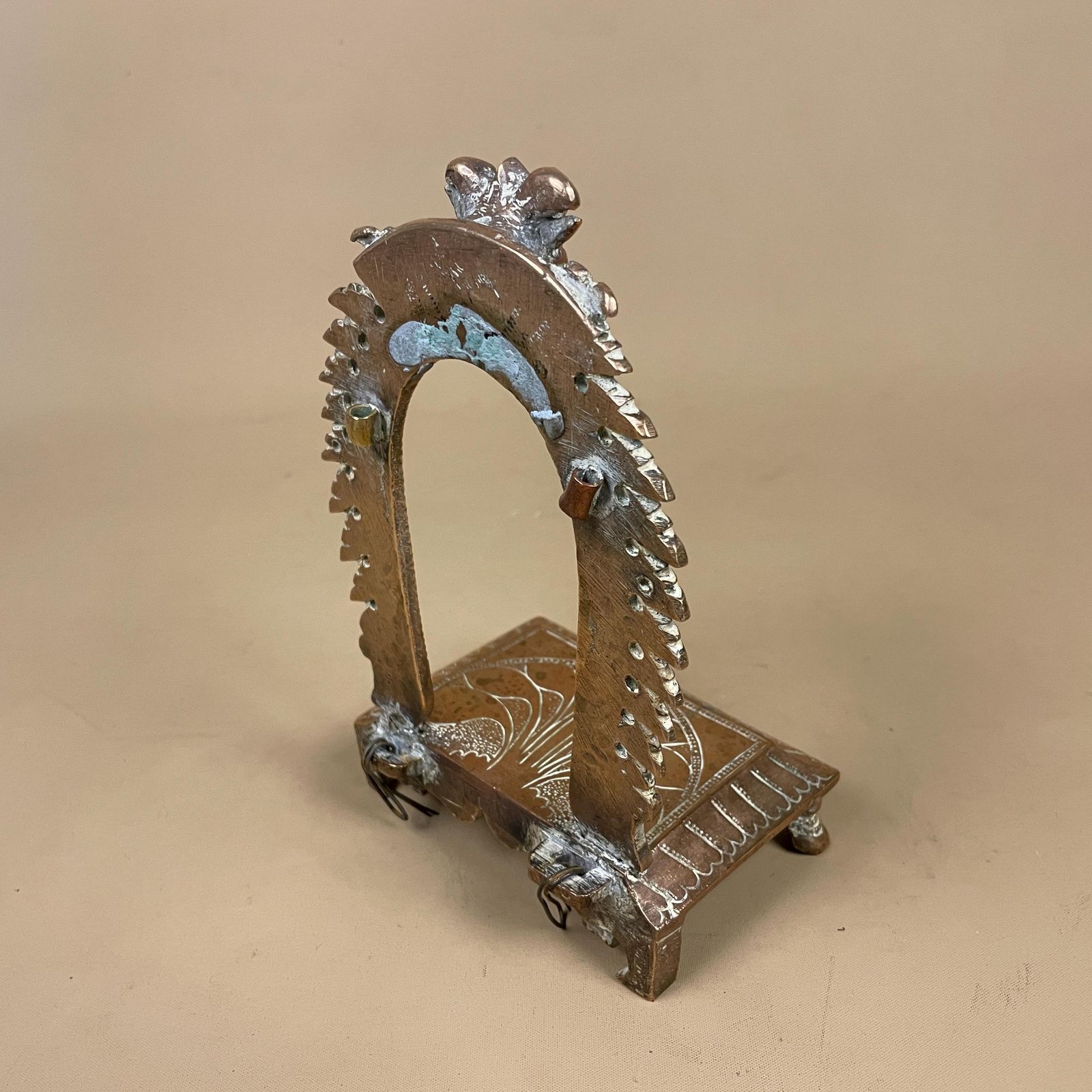Antique Brass Chowki With Prabhavali Temple Deity Stand Puja Mandir Decor Gold Indian India Show Piece Decorative Metal Ornament Handmade photo vintage