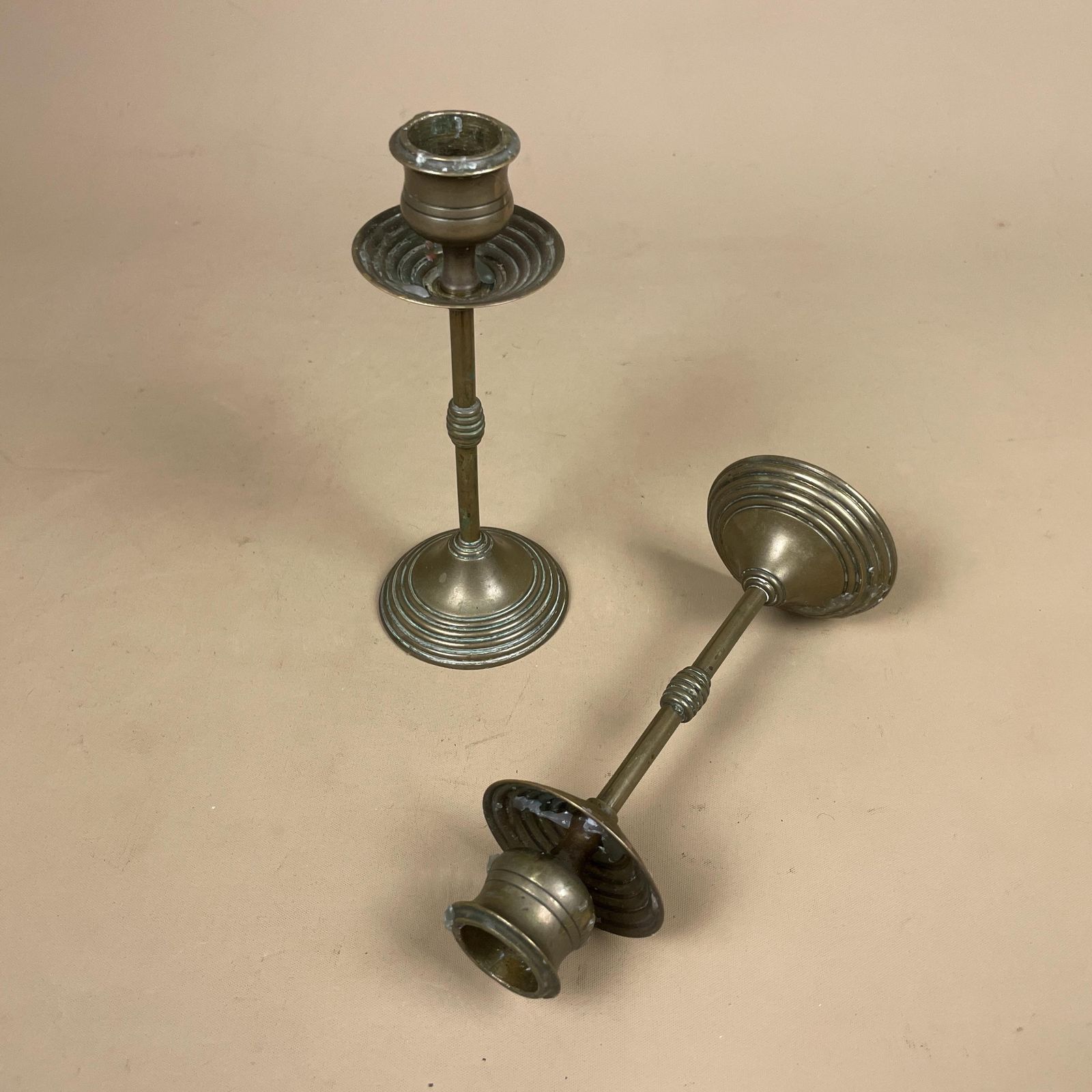 Antique Matching Pair Of Gold Brass Metal Candlestick Candle Stick Holders Vintage Taper Dinner Candlesticks Column Pillar Set Round Base photo furniture