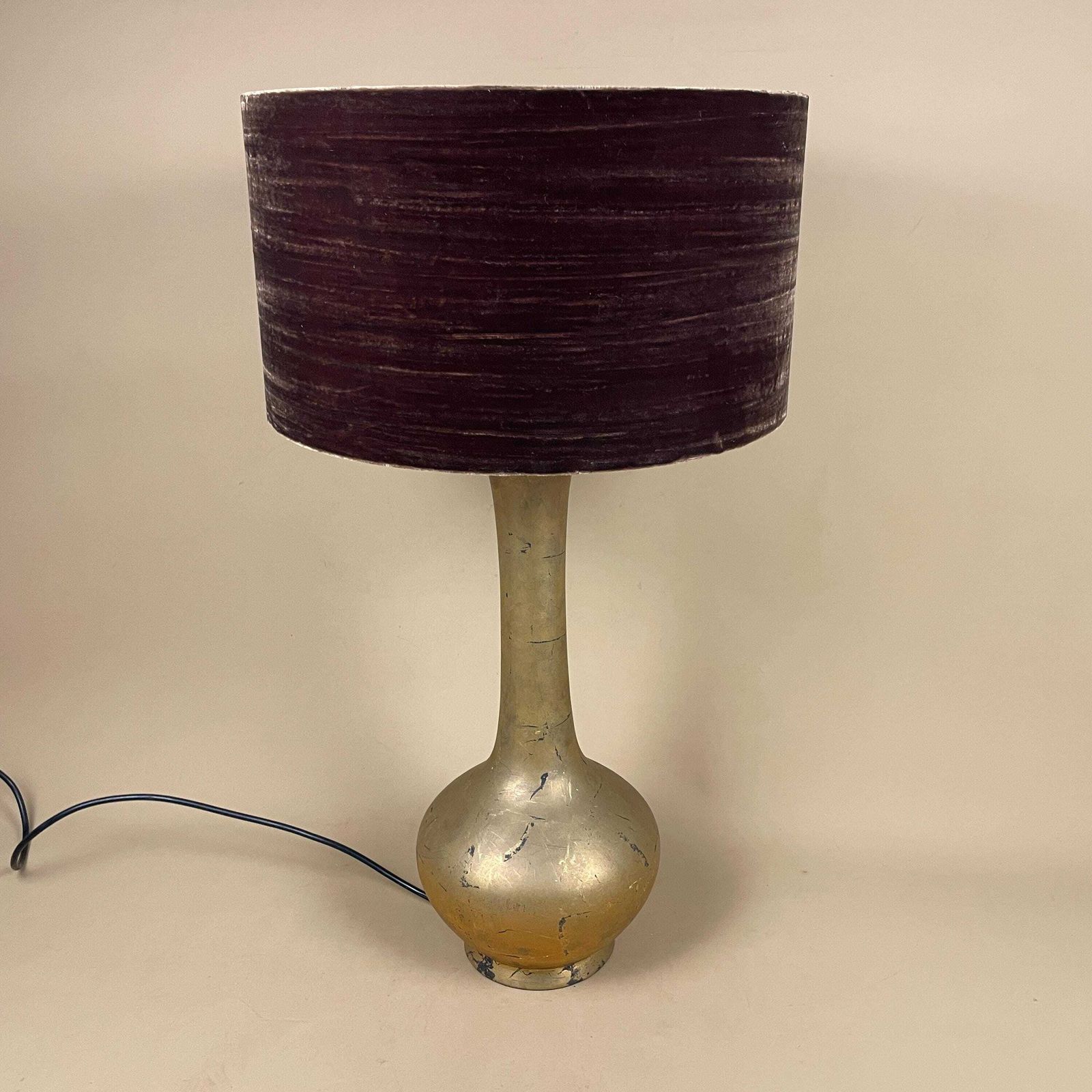 Antique Gold Lamp Light Bedside Table Oriental Brown Velvet Shade Lampshade Ornate Vintage Medium Tall Pillar photo 95.0