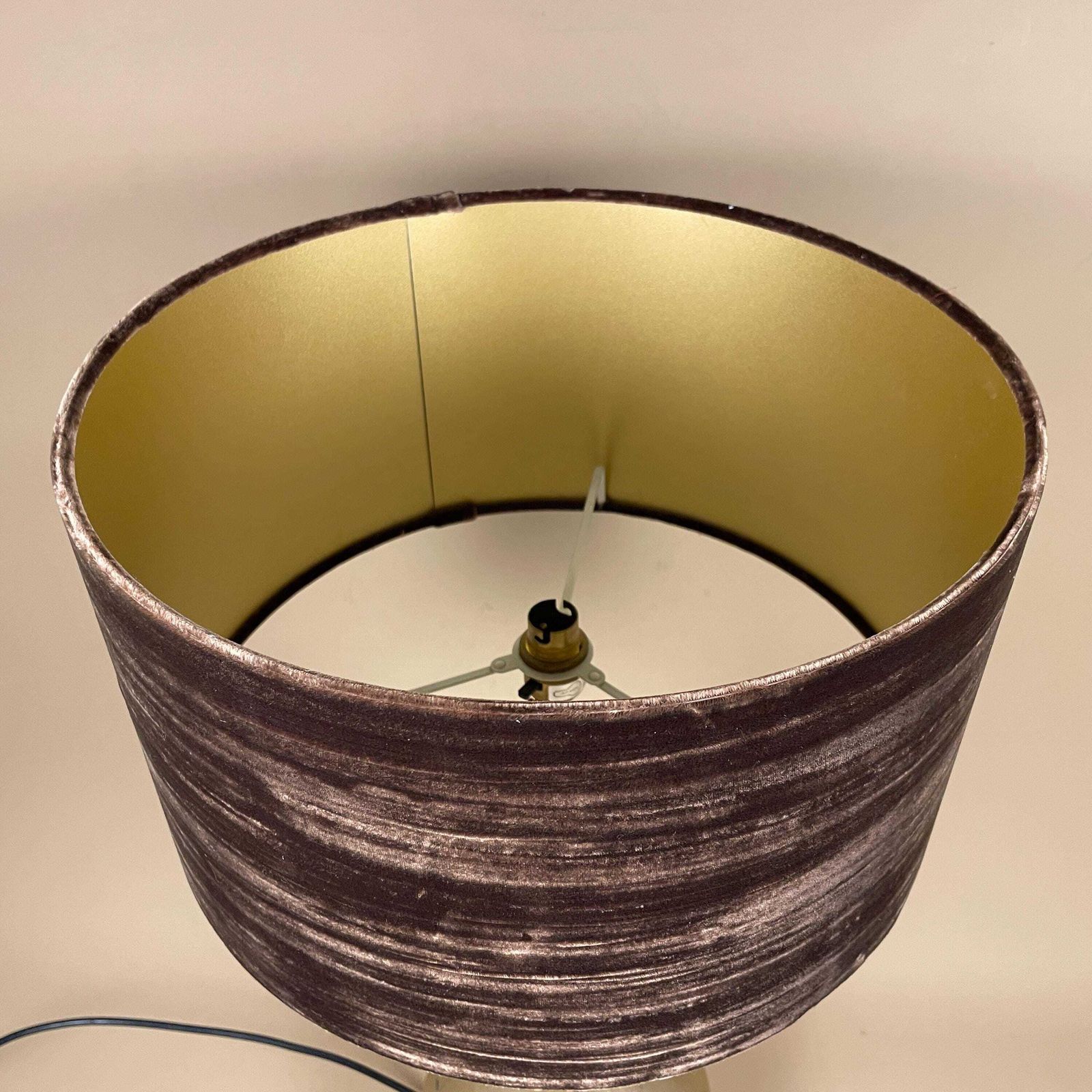 95.0 Antique Gold Lamp Light Bedside Table Oriental Brown Velvet Shade Lampshade Ornate Vintage Medium Tall Pillar photo