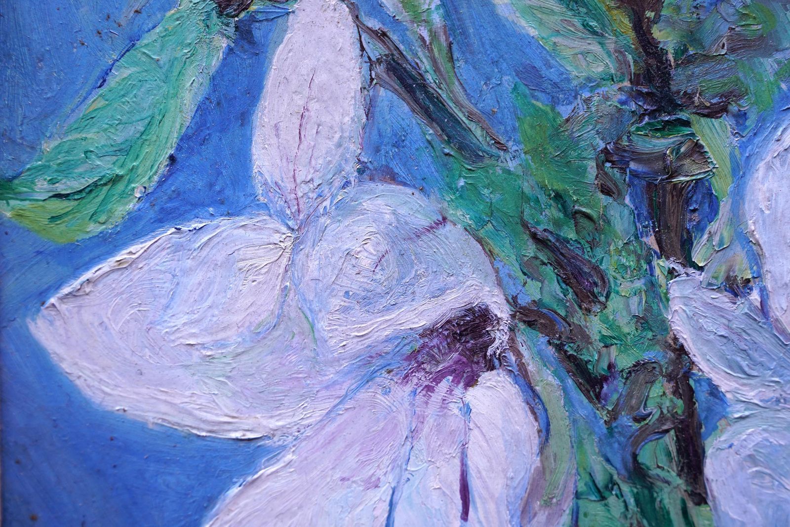 Pauline Glass Magnolias On Blue   British 70's Exhib Floral Art Oil Painting Flowers 1978 photo for sale