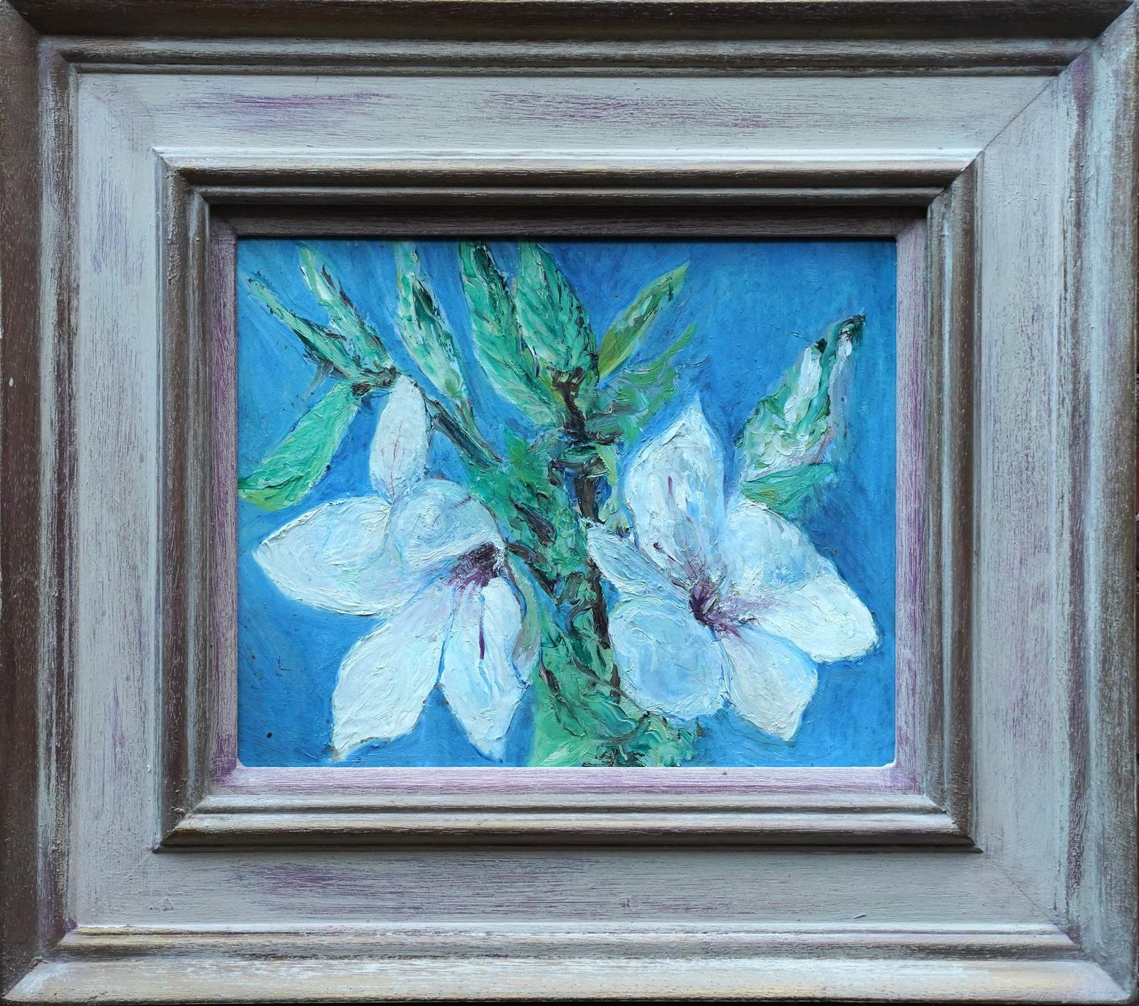 photo furniture Pauline Glass Magnolias On Blue   British 70's Exhib Floral Art Oil Painting Flowers 1978