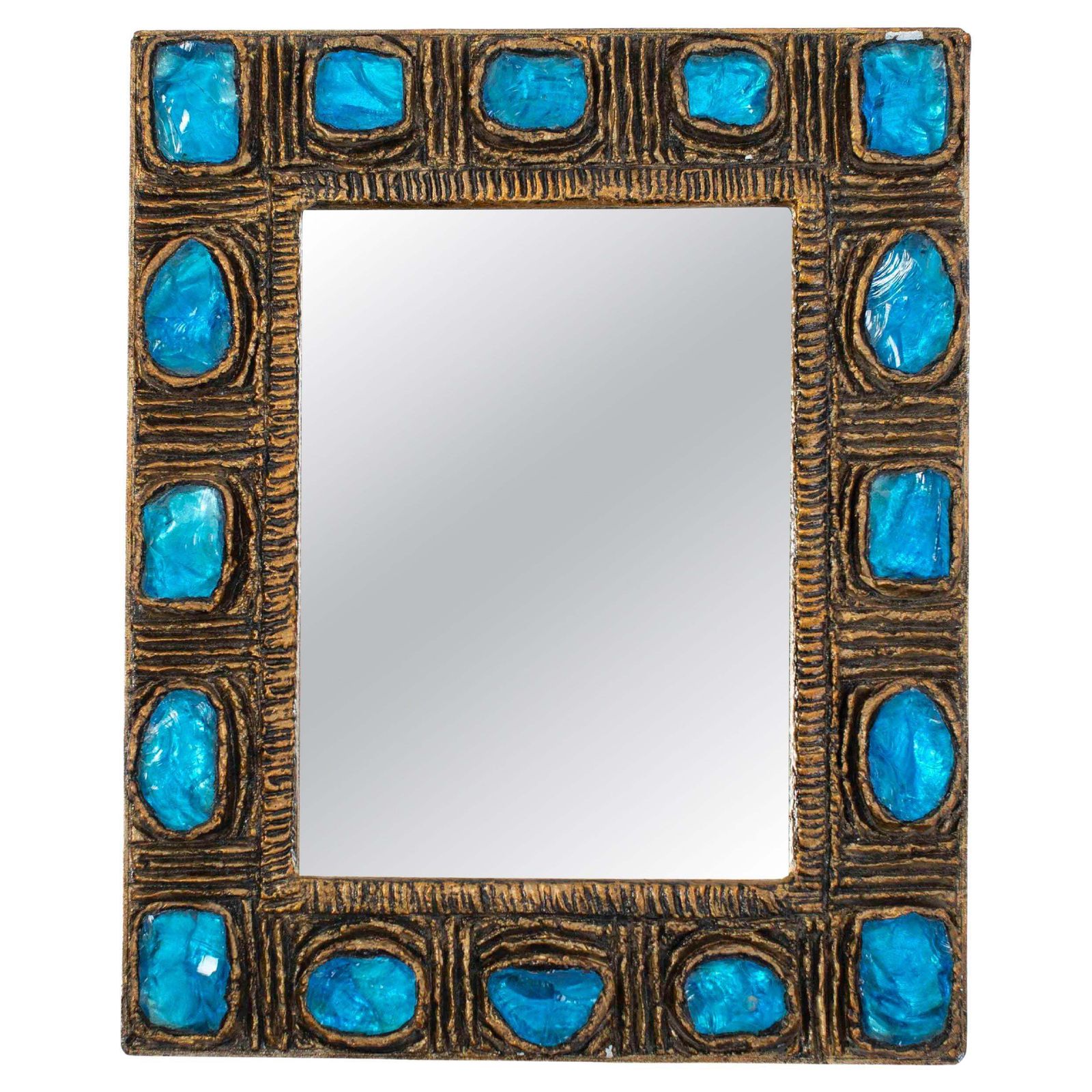 Italian Mid Century Brutalist Mirror Turquise Gold By Creaciones Gobesso, 1960s