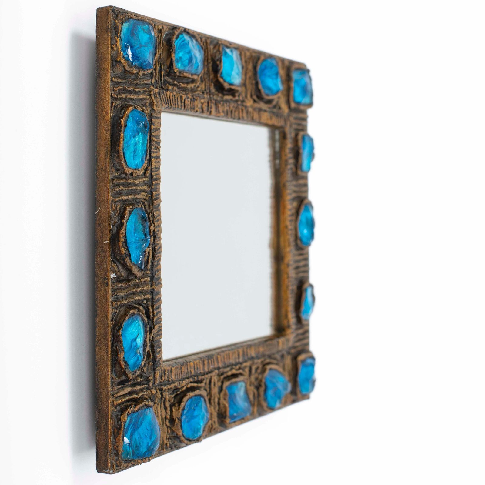 Italian Mid Century Brutalist Mirror Turquise Gold By Creaciones Gobesso, 1960s photo for sale