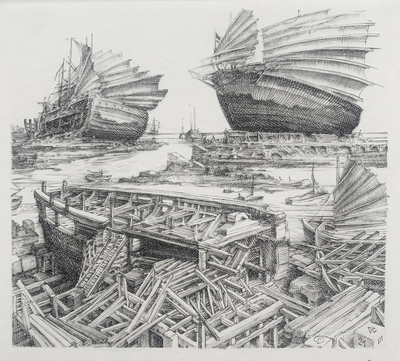 Krzysztof Skorczewski The Theseus's Ship, Figurative Copperplate Print, Mythology, Polish Artist 2021