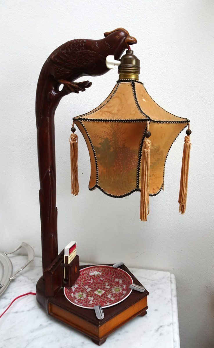 Chinese Carved Wood Bird Lamp With Ashtray And Cigarette Holder, 1930s photo for sale