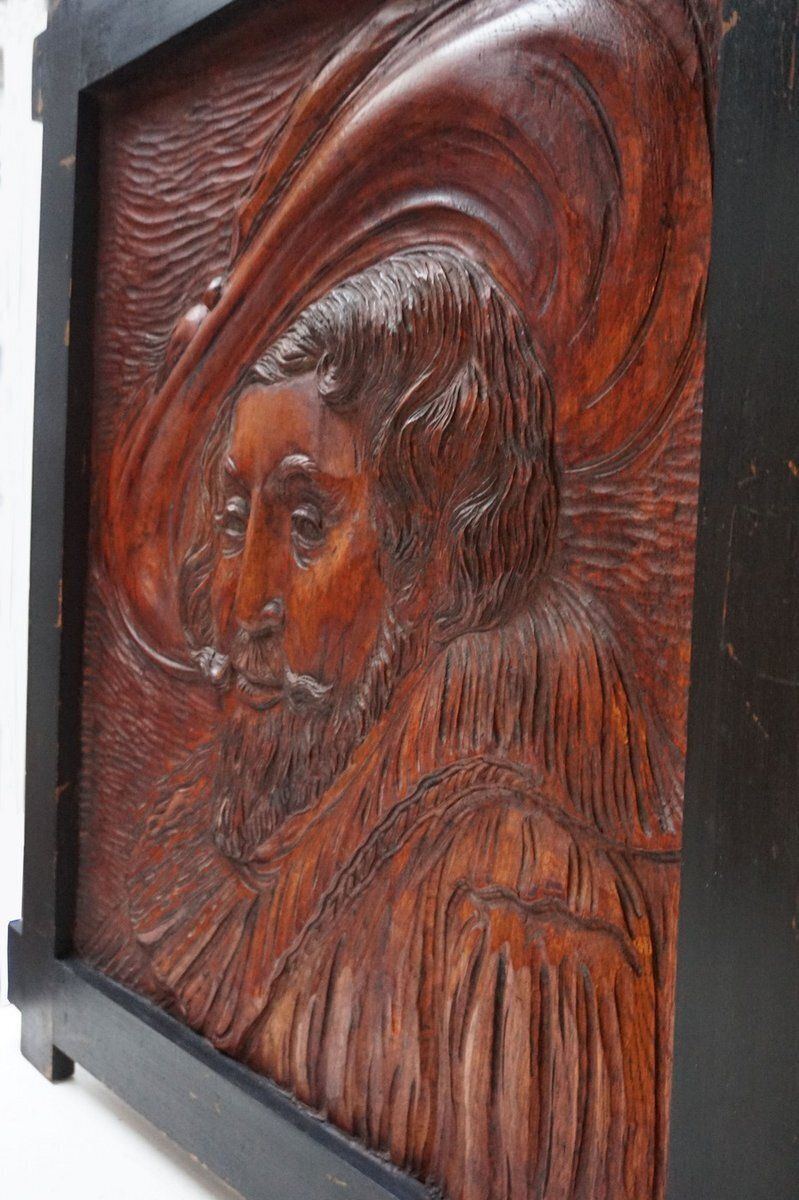 Hand Carved Wooden Bas Relief Portrait Of Peter Paul Rubens, 1950s photo Art