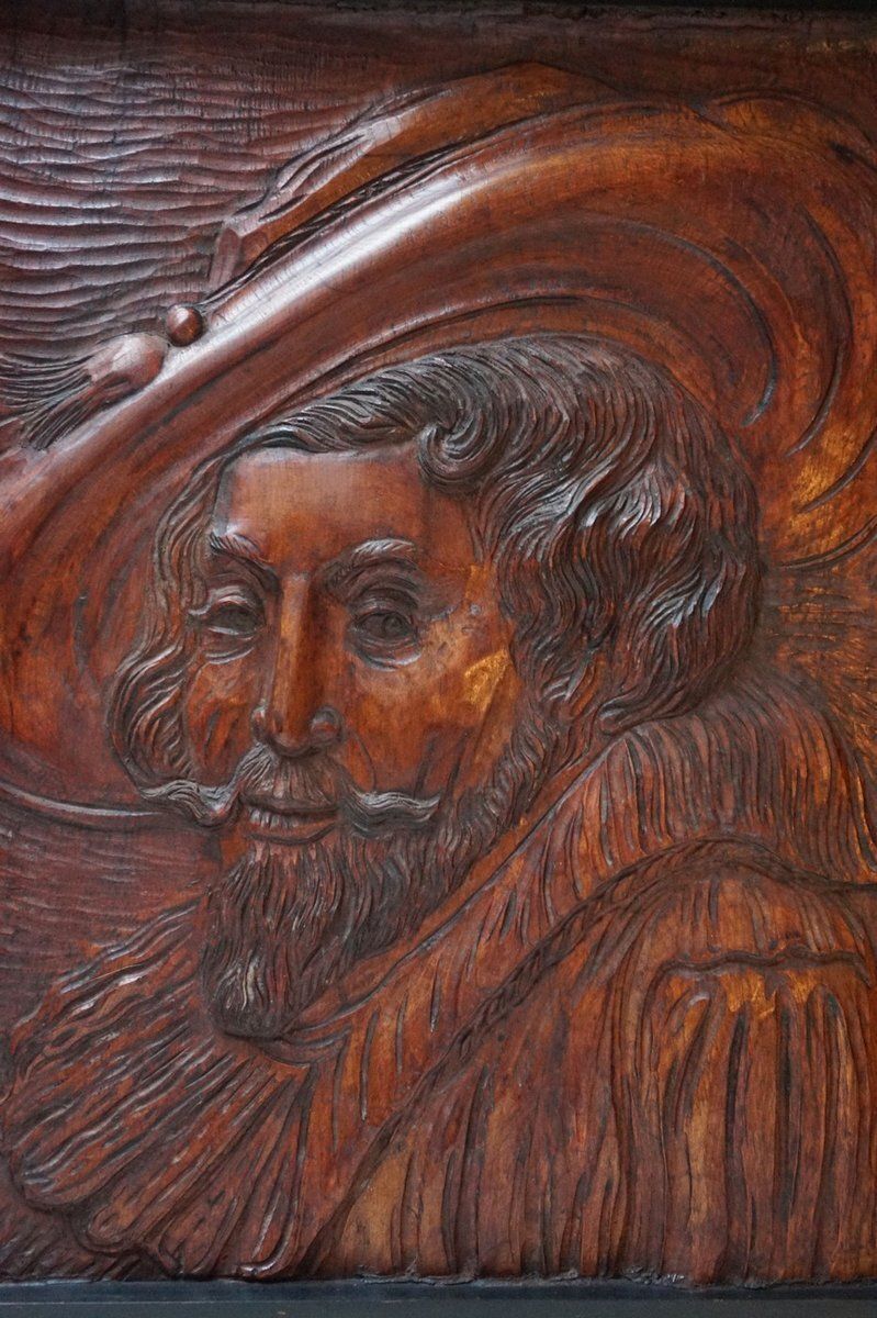 Hand Carved Wooden Bas Relief Portrait Of Peter Paul Rubens, 1950s photo 650.0