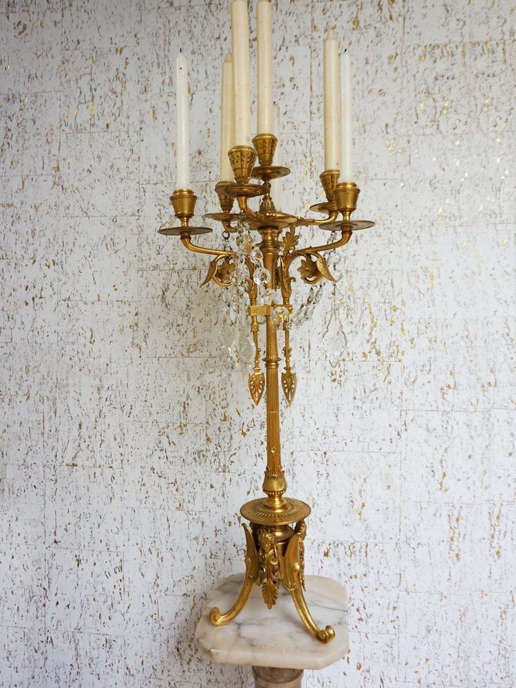 French Empire Neoclassical 7 Light Candelabra In Gilt Bronze And Crystal photo Home Decor