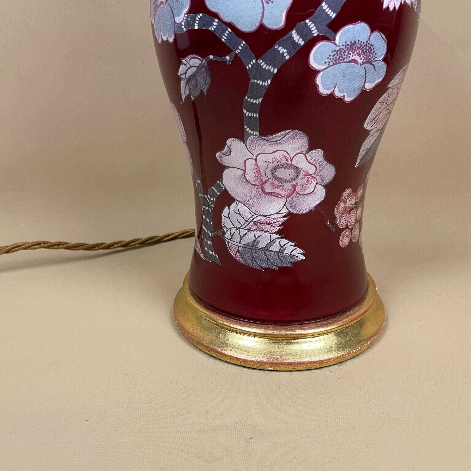 Antique Glass Gold Red Floral Patterned Lamp Light Bedside Side Table Decoupage Desk Vase Ornate Round Base Vintage Boudoir Accent Wood photo for sale