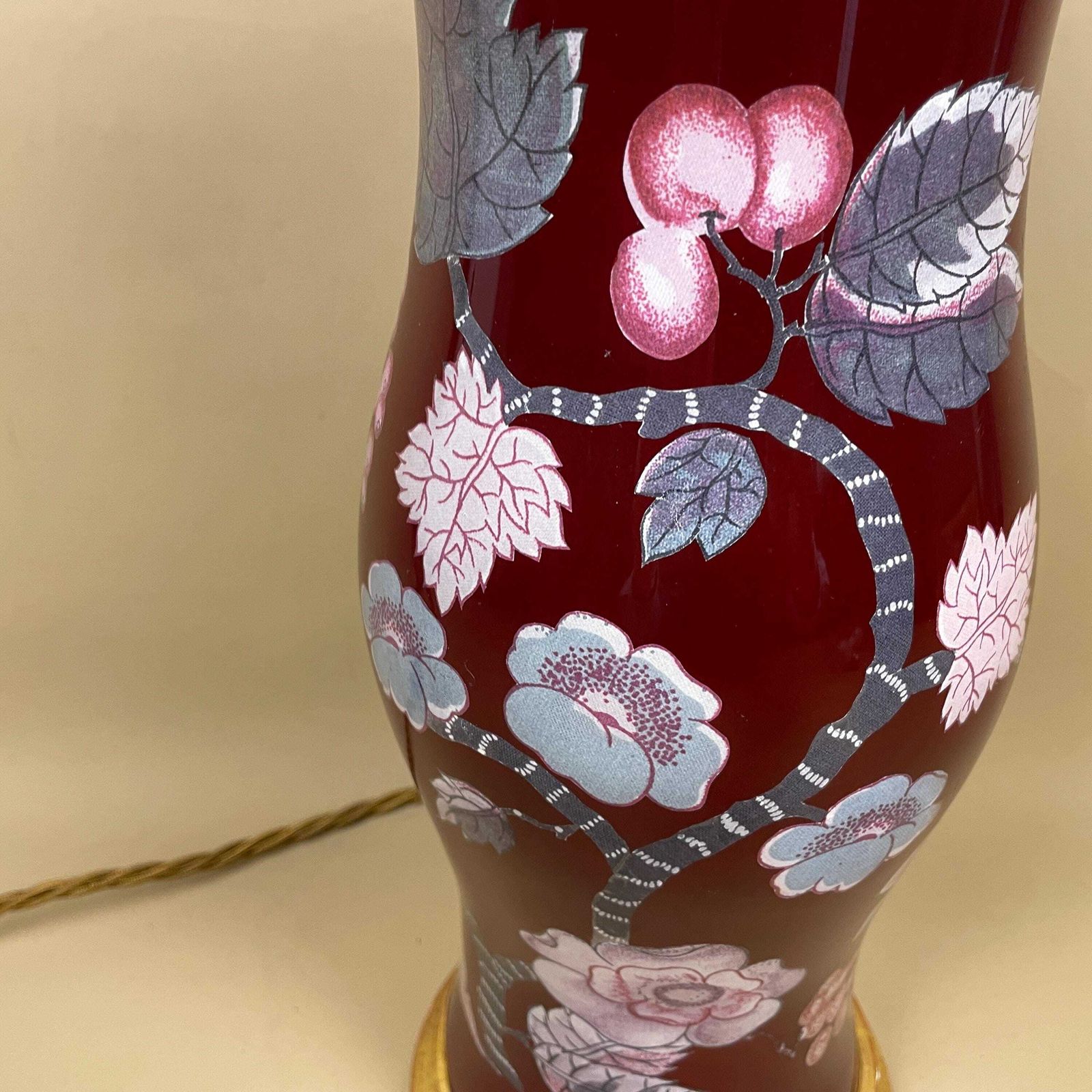 Antique Glass Gold Red Floral Patterned Lamp Light Bedside Side Table Decoupage Desk Vase Ornate Round Base Vintage Boudoir Accent Wood photo 135.0