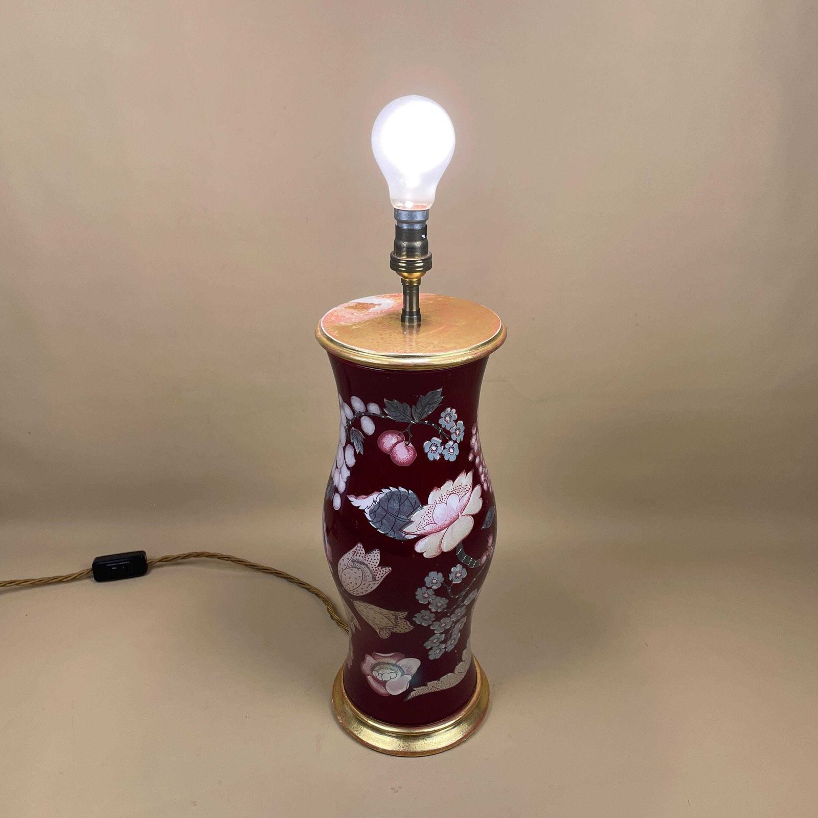 Lighting Antique Glass Gold Red Floral Patterned Lamp Light Bedside Side Table Decoupage Desk Vase Ornate Round Base Vintage Boudoir Accent Wood photo