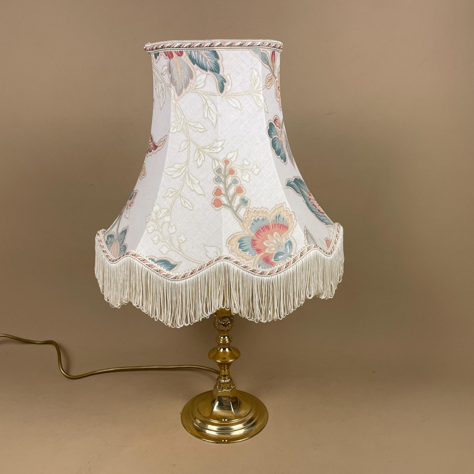 Antique Gold Brass Lamp Light Bedside Table Oriental Floral Shade Cream Muted Tones Lampshade Lampshade Ornate Vintage Medium Metal Tassels photo furniture
