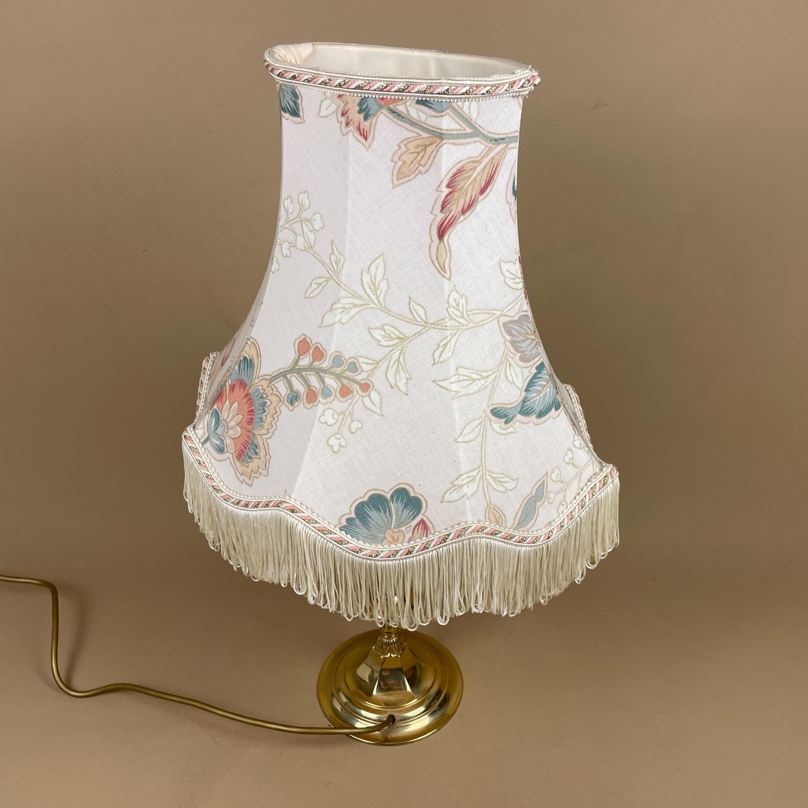 photo for sale Antique Gold Brass Lamp Light Bedside Table Oriental Floral Shade Cream Muted Tones Lampshade Lampshade Ornate Vintage Medium Metal Tassels