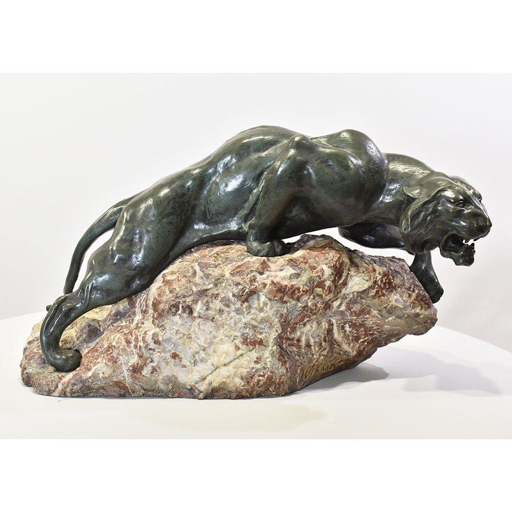 Antique Bronze Statues, Giacomo Merculiano, Large Crouching Lioness, Art Deco, XX Century. (Stb103) photo Art