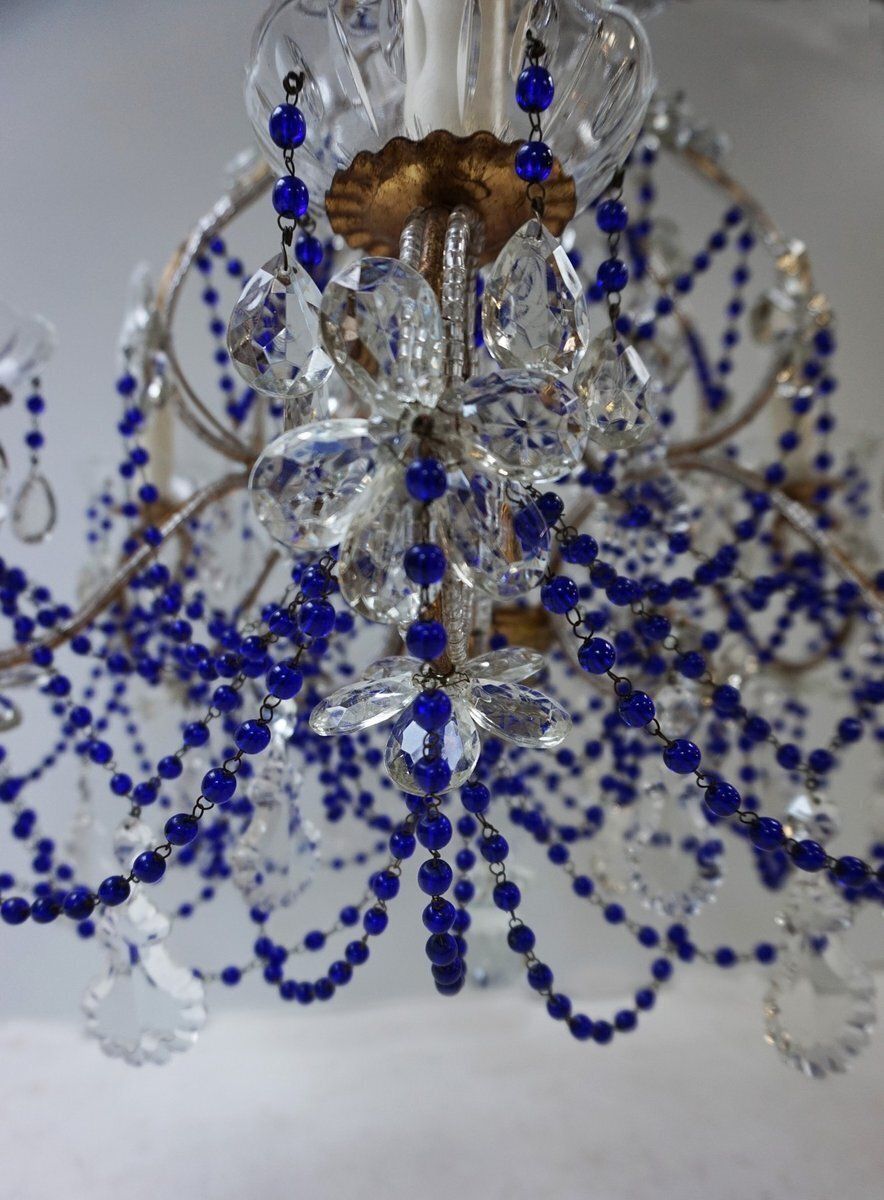 Italian Chandelier With Cobalt Blue Murano Glass Beaded Strings And Crystal Flowers, 1940s photo buy