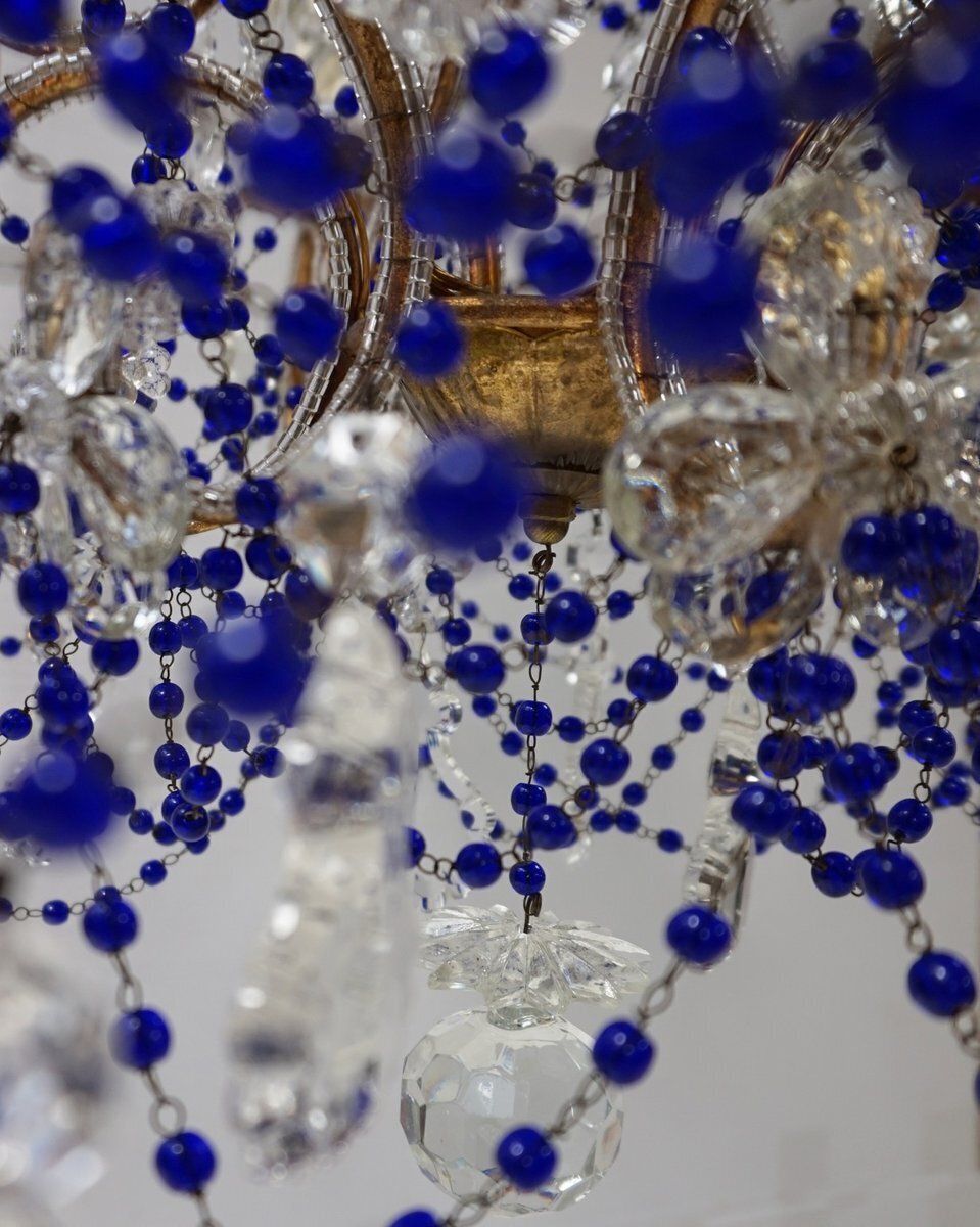 photo for sale Italian Chandelier With Cobalt Blue Murano Glass Beaded Strings And Crystal Flowers, 1940s