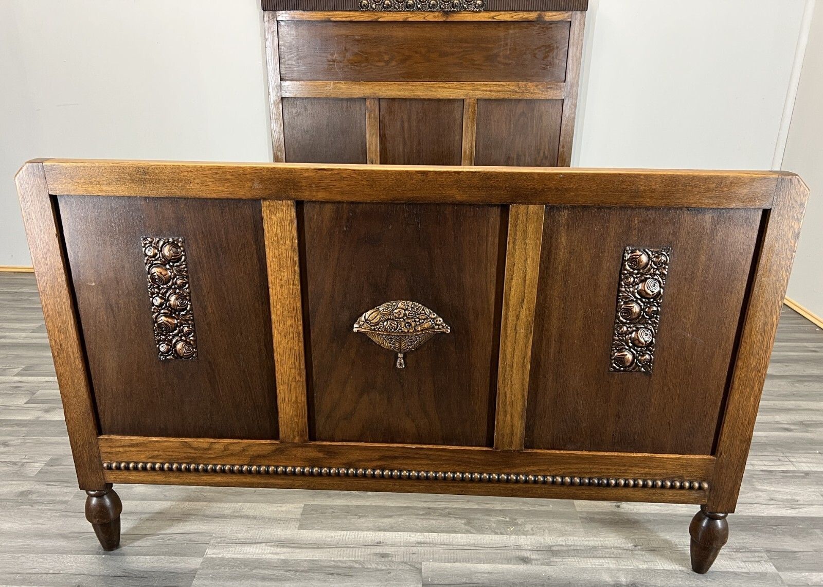 Bed Vintage French Style Oak Double Bed Frame Carved Headboard Lot 4729 photo for sale