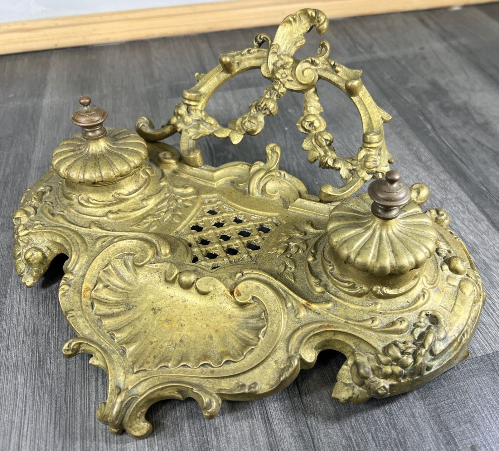 Inkwell Set Vintage French Brass Ornate Desk Stand Accessory Lot 4681 photo furniture