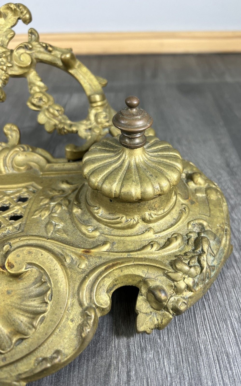 Inkwell Set Vintage French Brass Ornate Desk Stand Accessory Lot 4681 photo vintage