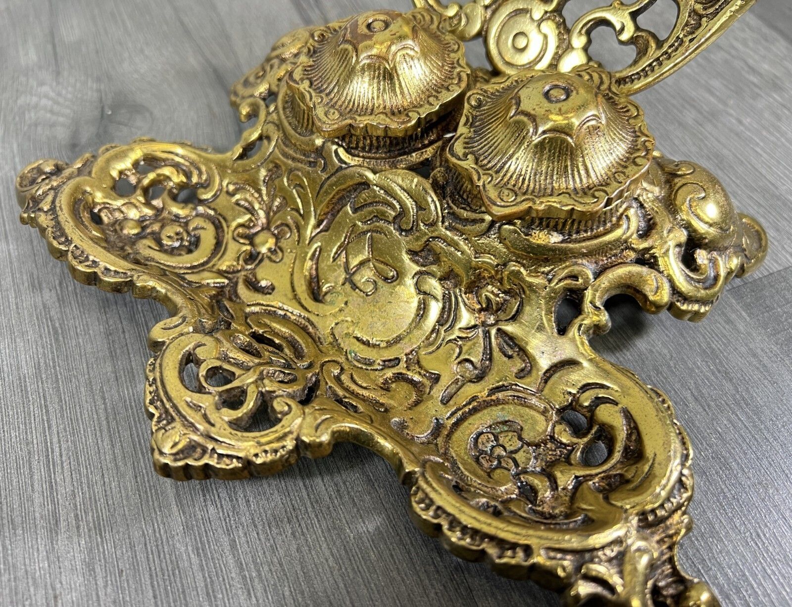 photo furniture Inkwell Set Vintage French Brass Ornate Desk Accessory Lot 4688